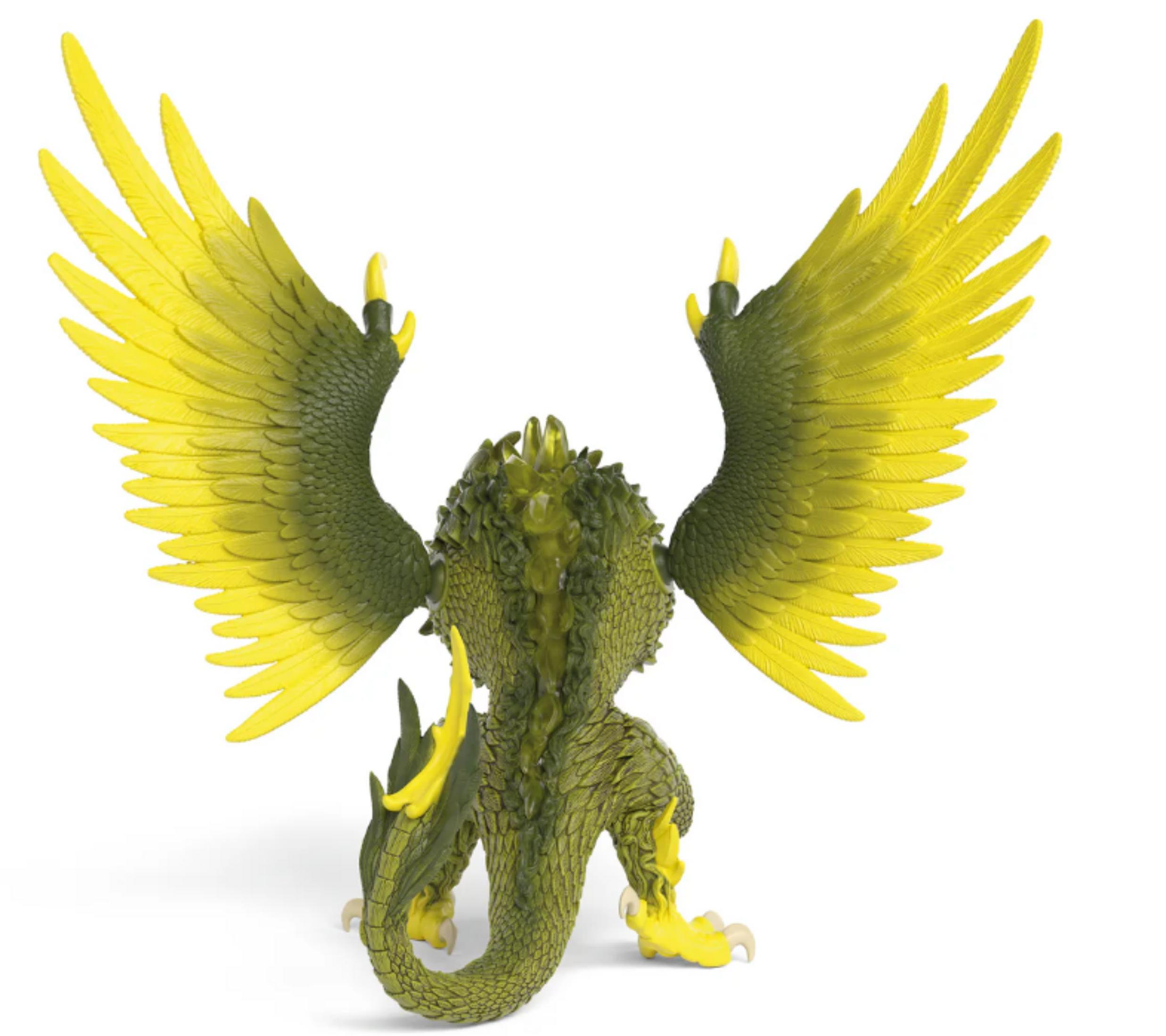 Grüner Drache mit gelben Flügeln und Klauen auf weißem Hintergrund.
