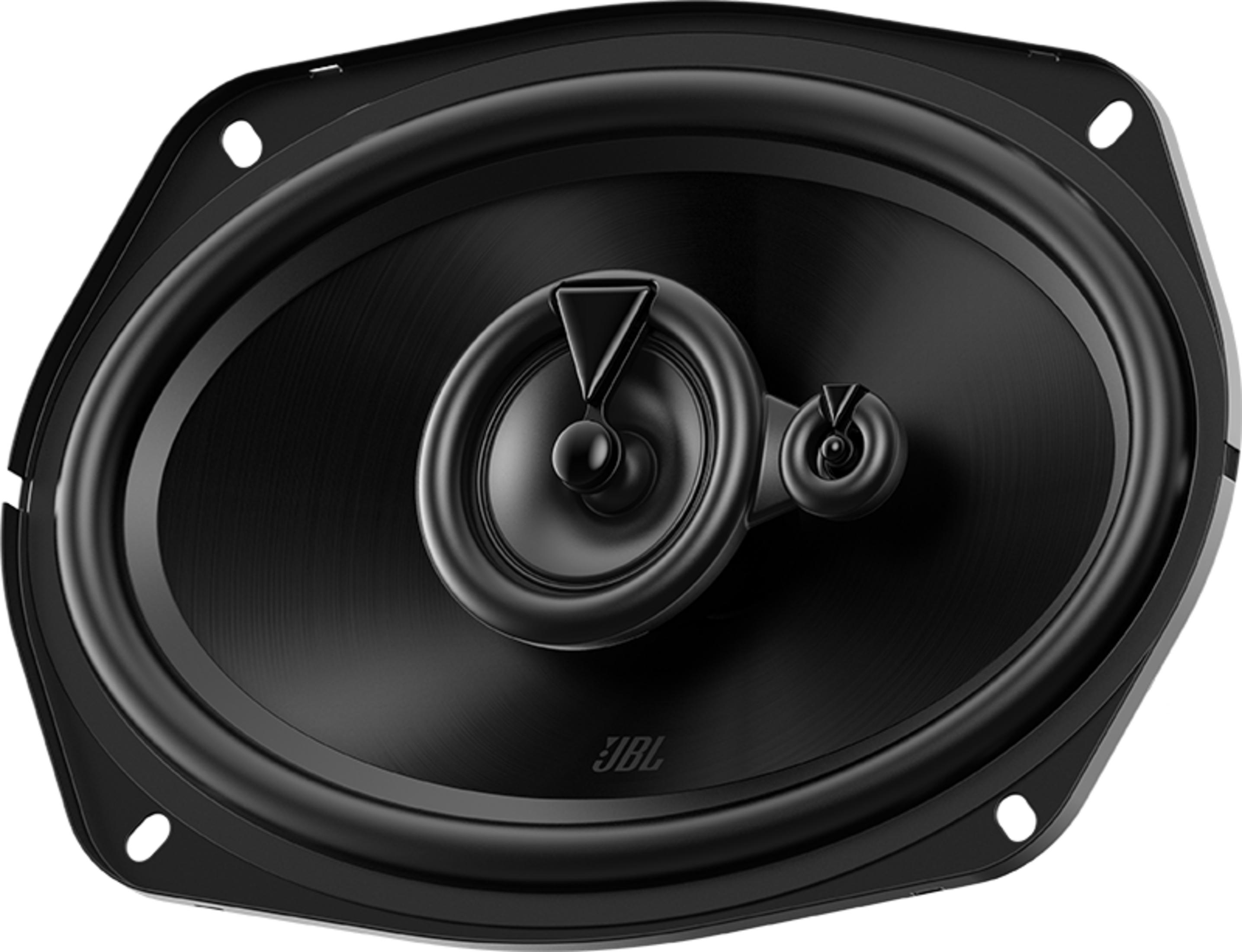 Schwarzer Ovaler Lautsprecher mit JBL-Logo und zwei Hochtönern.