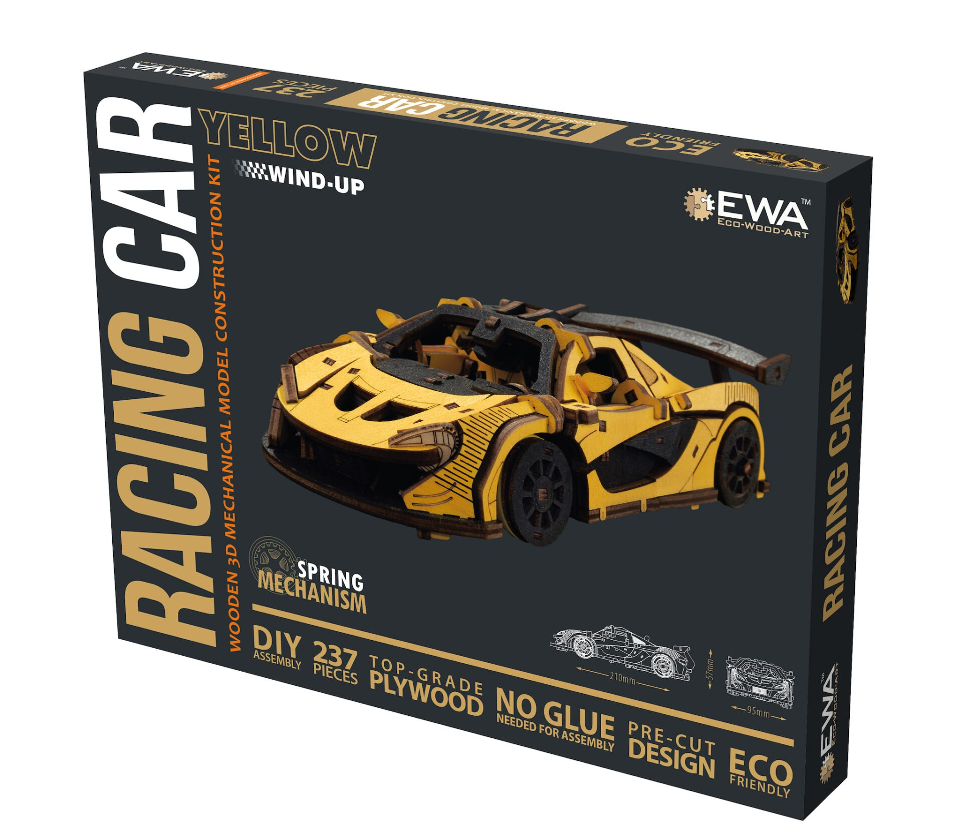 Packung mit einem gelben Holz-Bausatz für ein Rennauto mit Federaufzug.