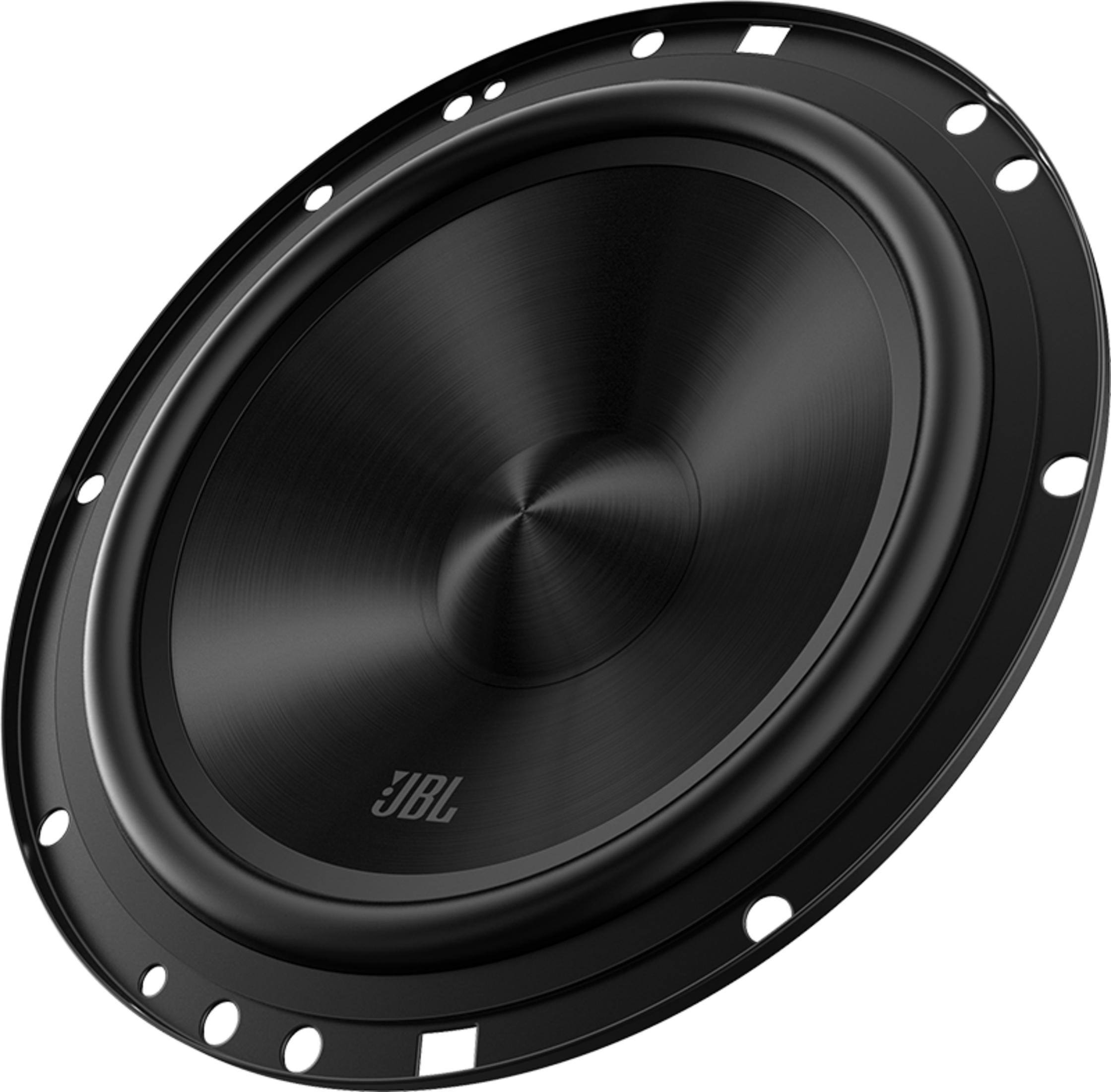 Schwarzer JBL Subwoofer mit konzentrischen Rillen und Montagelöchern.