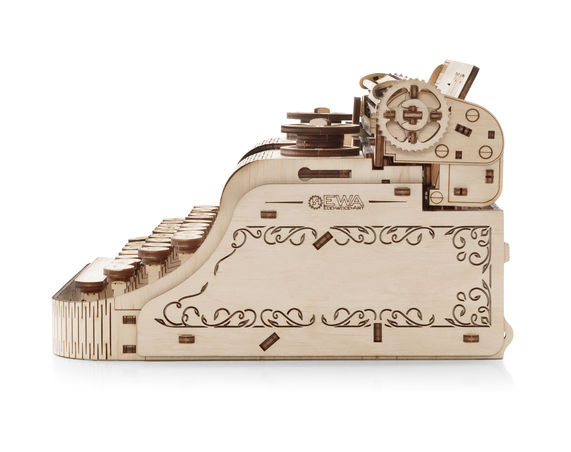 Ein Holzmodell einer alten Schreibmaschine mit Tasten und Zahnrädern.