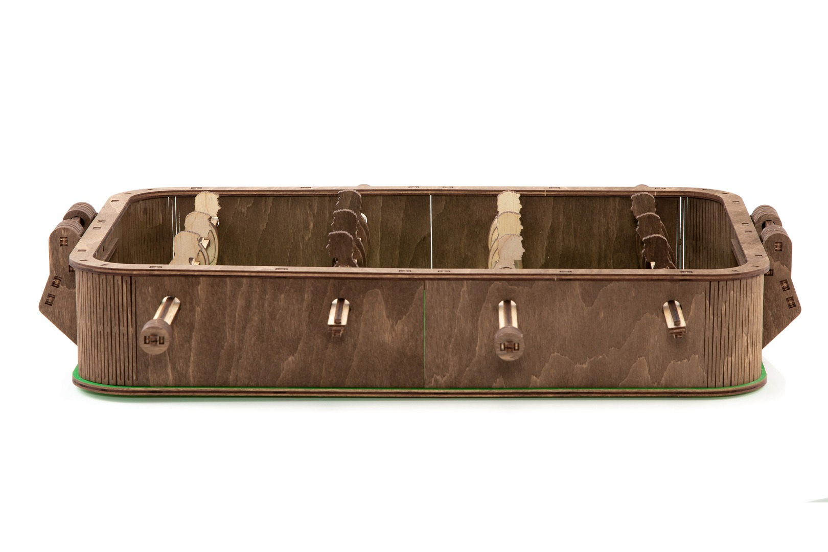Holz-Tischfußballspiel mit Spielerfiguren und Griffen.