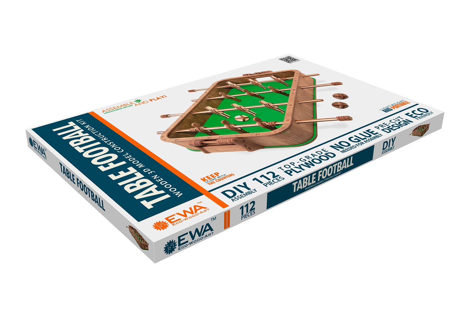 Verpackung eines Holz-Tischfußballspiels mit detaillierten Beschriftungen.