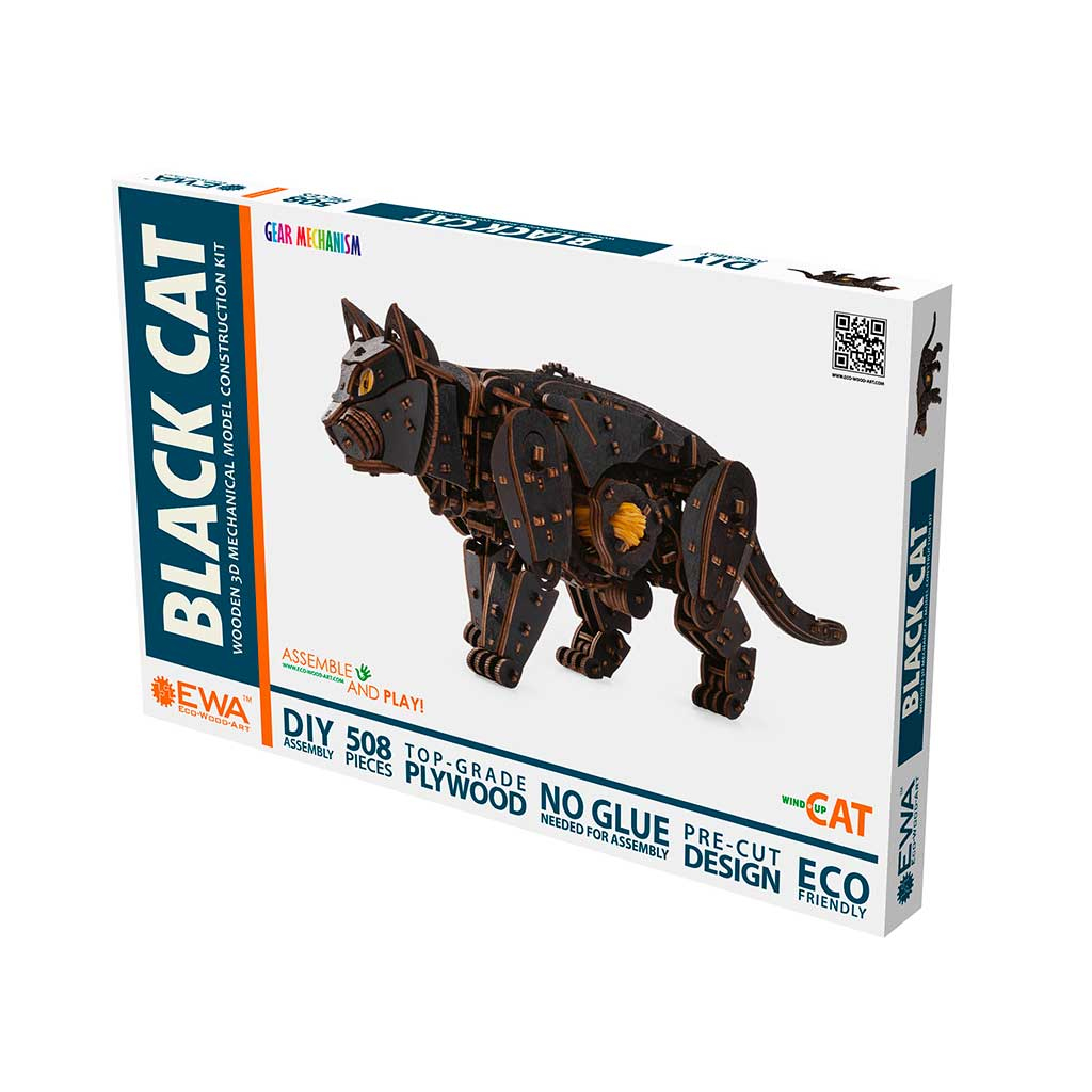 Bausatz einer schwarzen Holzkatze mit Zahnradmechanismus, auf weißem Karton.