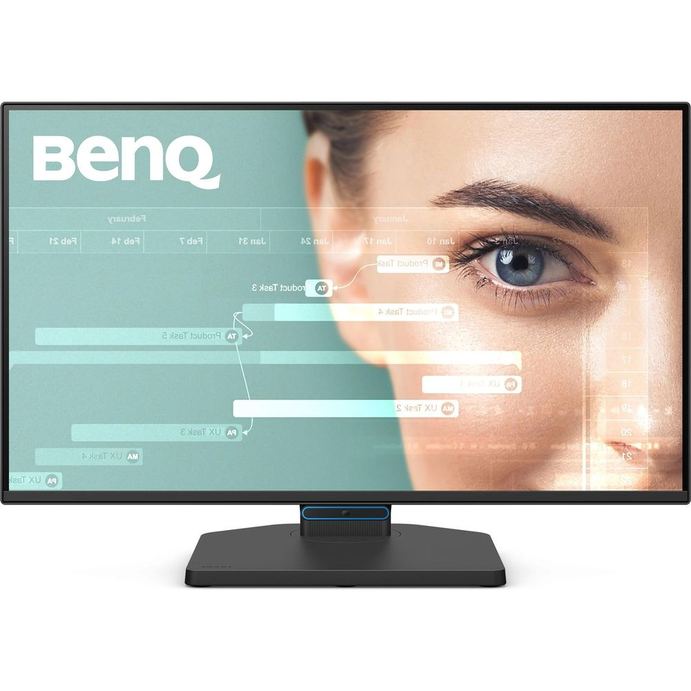 A BenQ monitor displays an eye and a project management interface.
