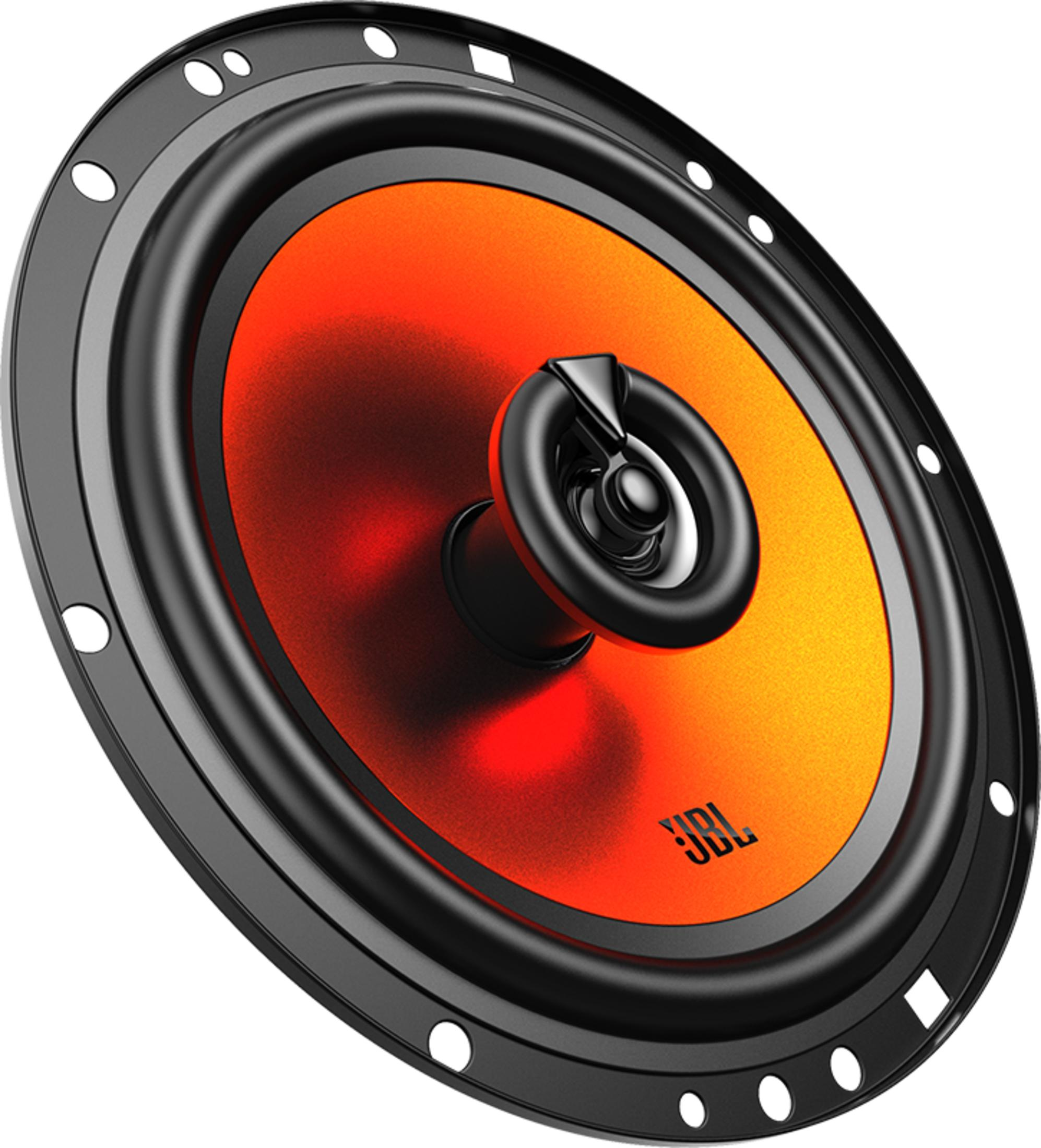 Haut-parleur noir avec cône orange et logo JBL.