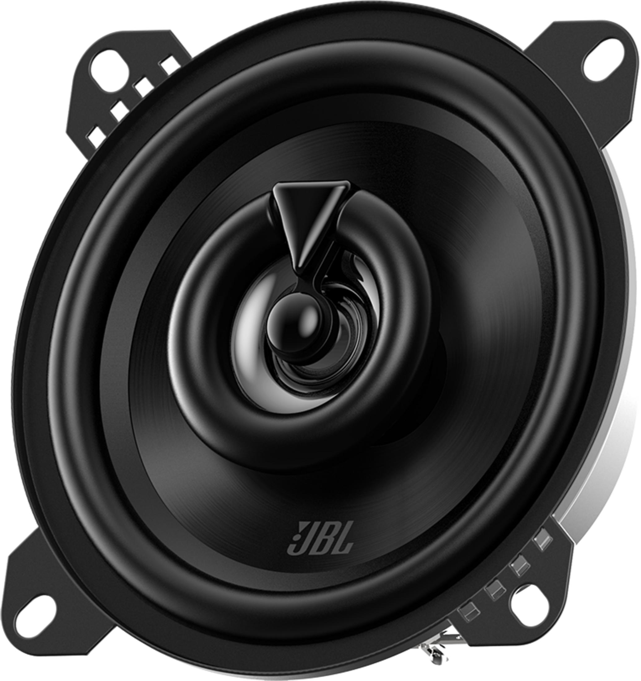 Un haut-parleur JBL noir avec supports de montage métalliques et bord argenté.
