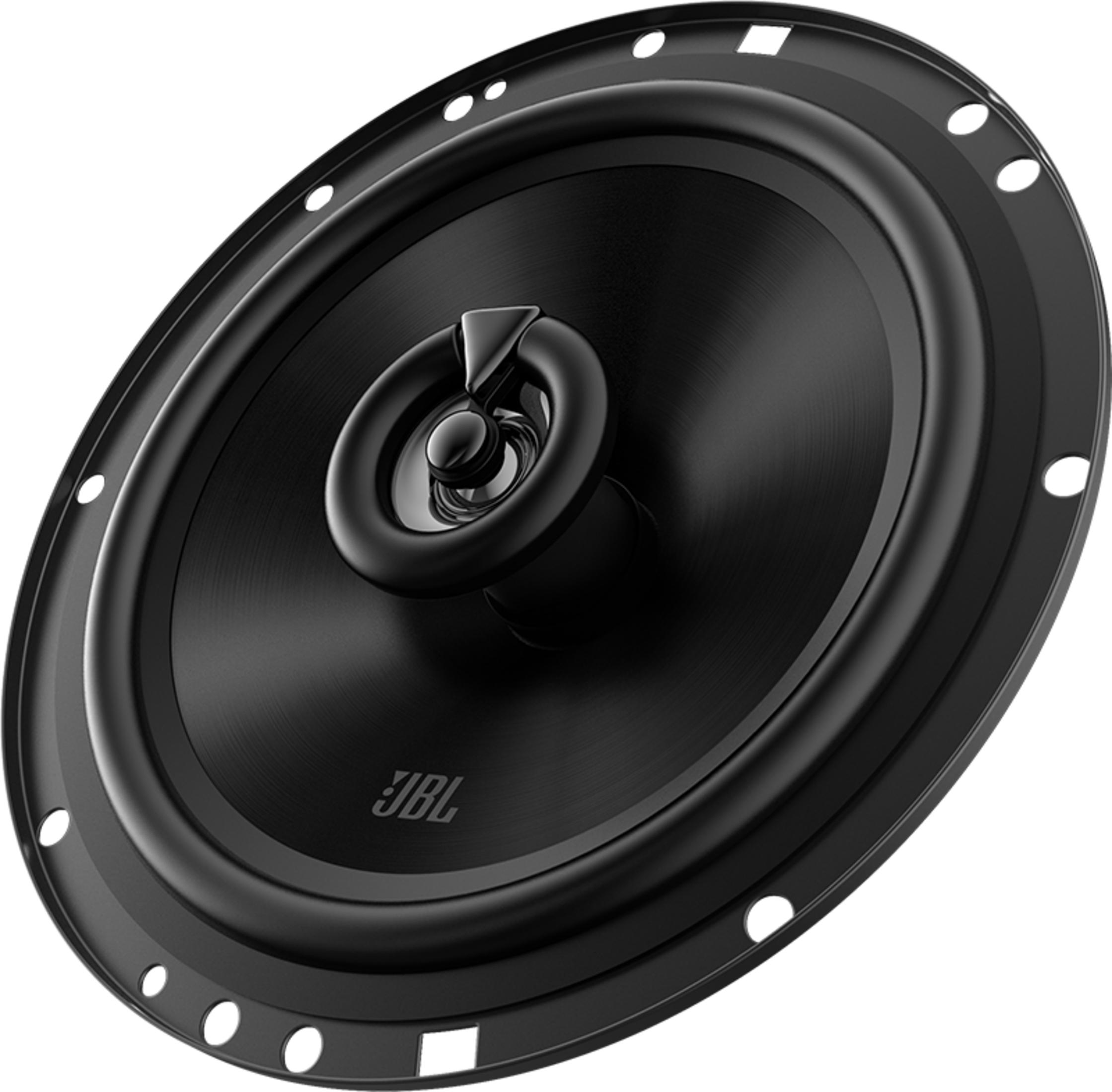 Schwarzer JBL-Lautsprecher mit silbernem Hochtöner und Montagebohrungen.