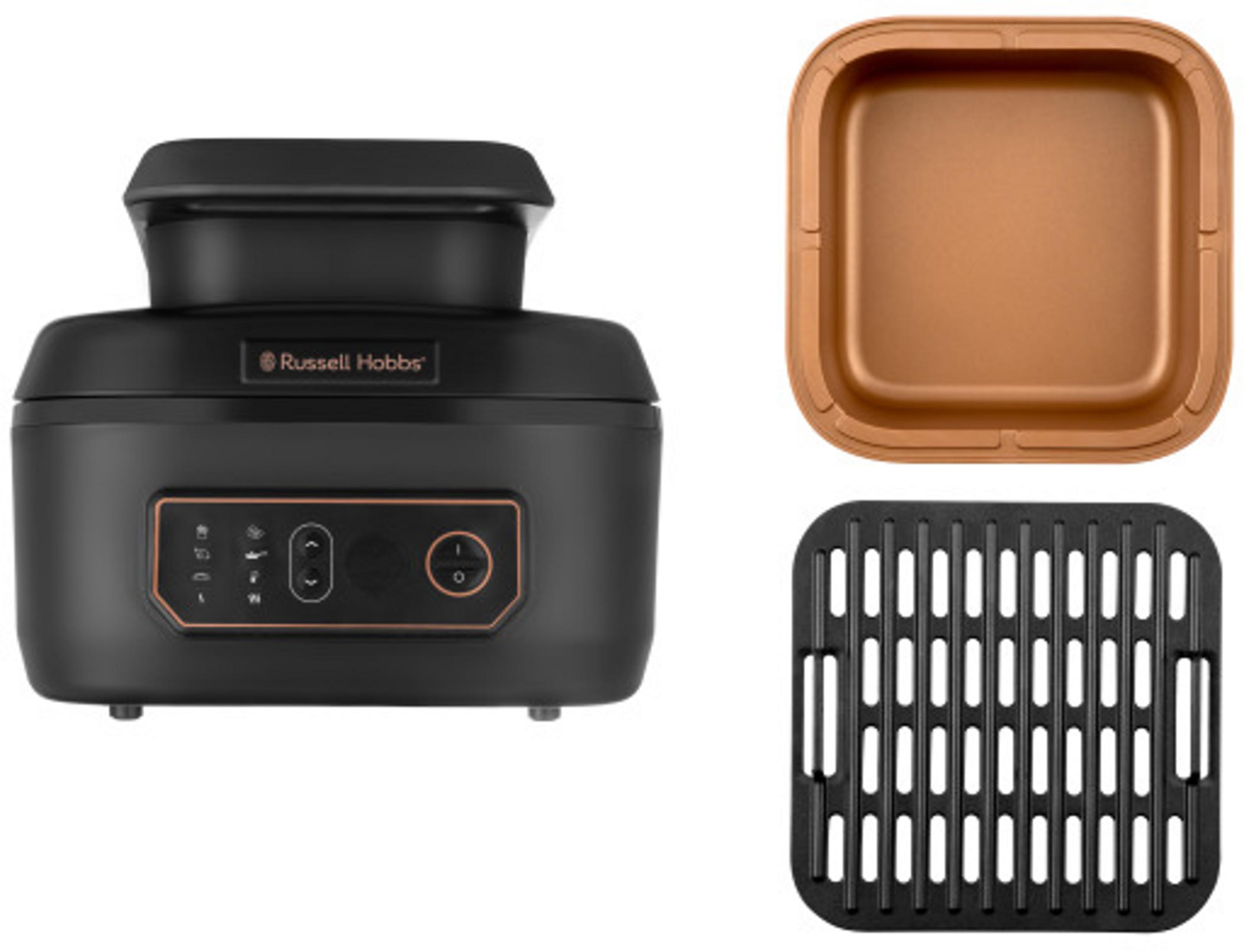 Bakır tavalı siyah Russell Hobbs ocak ve siyah ızgara rafı.