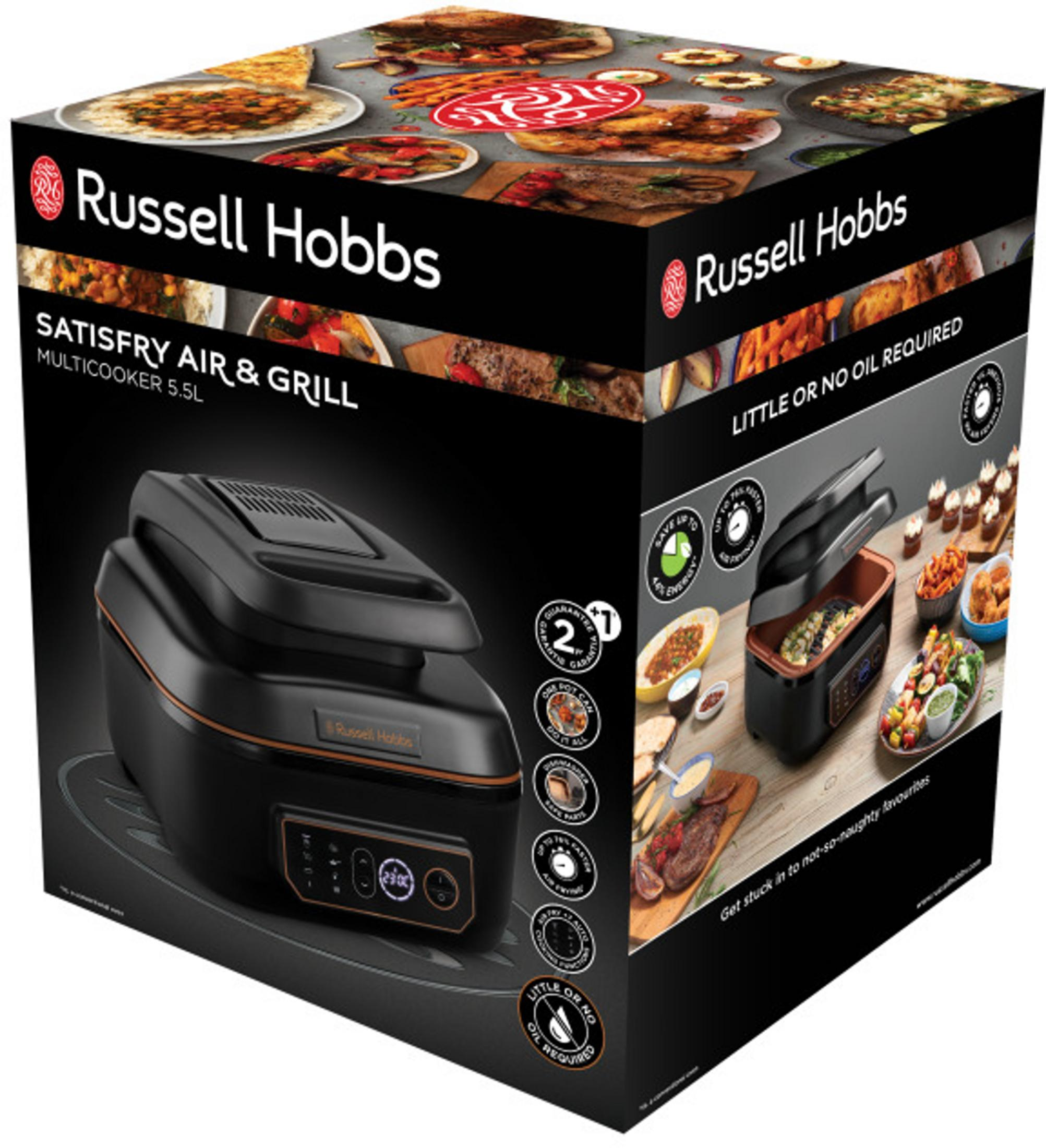 Russell Hobbs Satisfry Air & Grill Multicooker 5.5L yiyecekli ambalajı.