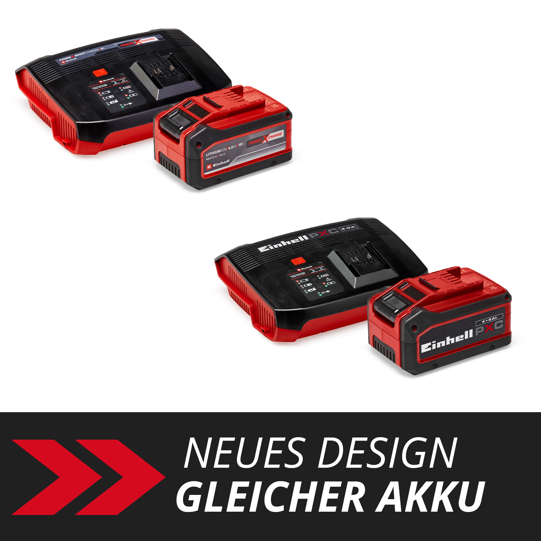 Zwei rote und schwarze Einhell Akku-Ladegeräte mit Akkus.
