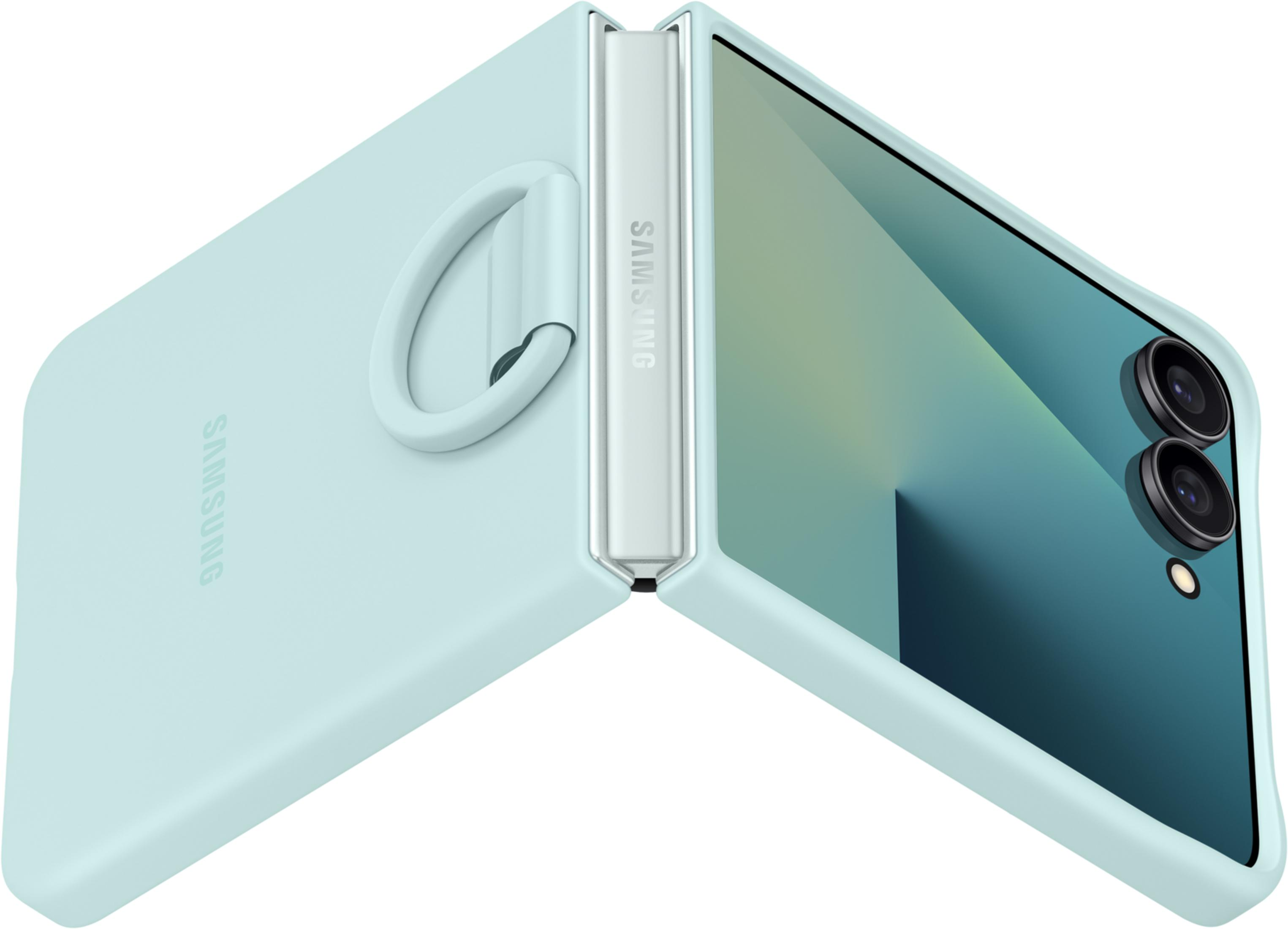 Jasnoniebieski telefon Samsung Flip z uchwytem na pierścień. Kamery z tyłu.