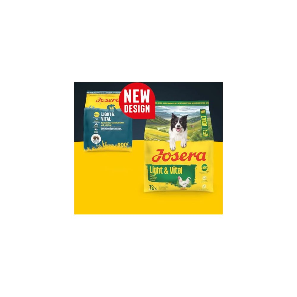 Dwie torby karmy dla psów Josera z napisem Light & Vital. Jedna z nowym wzorem.