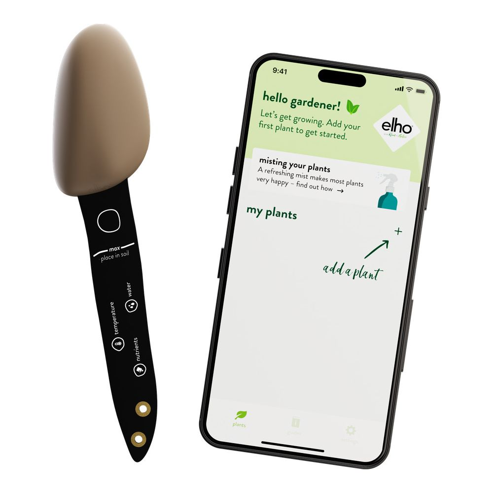 Ein Bodensensor und ein Smartphone mit Elho-App für Pflanzenpflege.
