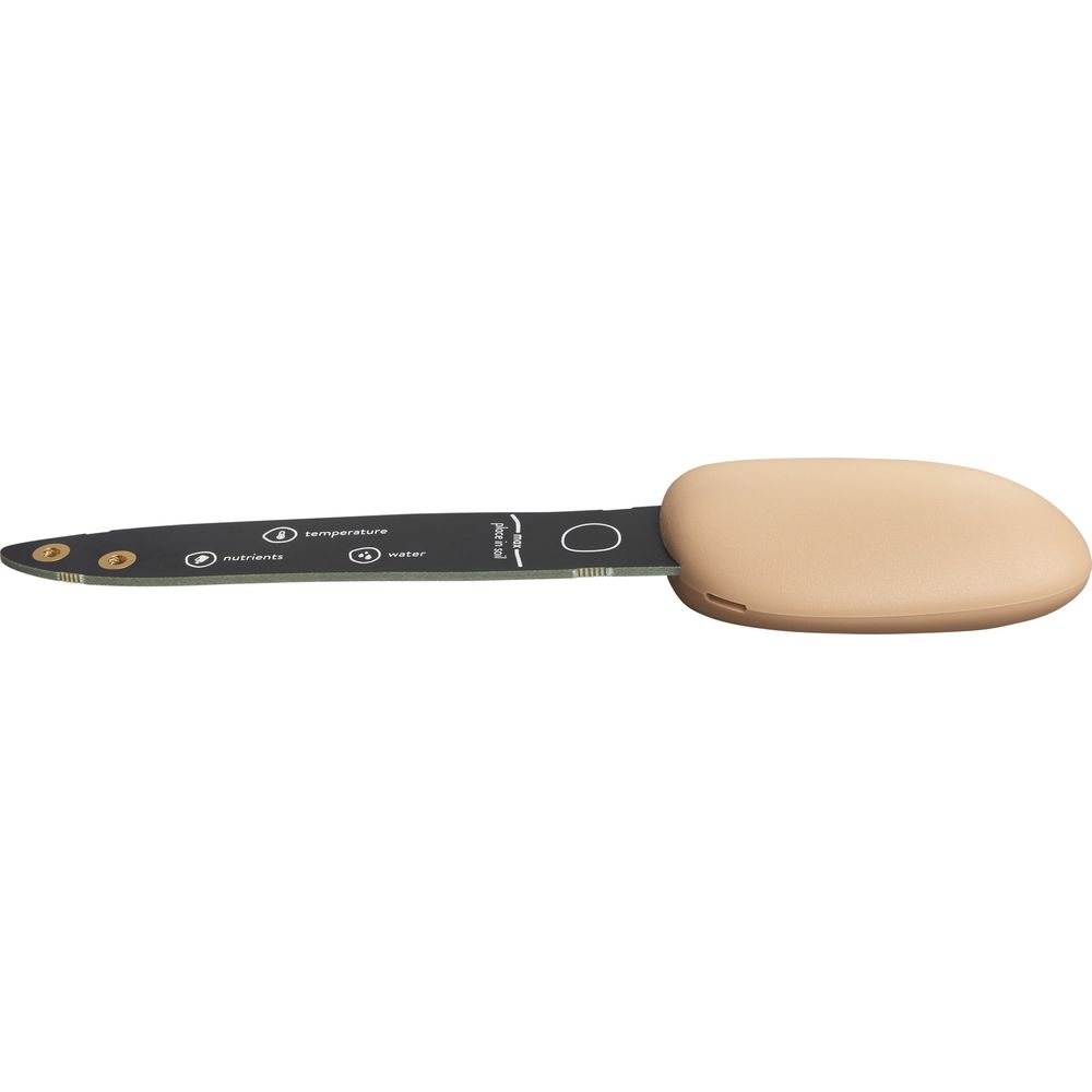 Ein brauner Bodenfeuchtemesser mit Anzeigen für Nährstoffe, Temperatur und Wasser.