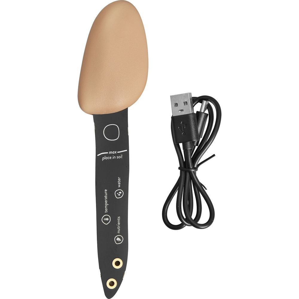 Ein Bodenfeuchtesensor mit USB-Kabel. Der Sensor ist beige und schwarz.