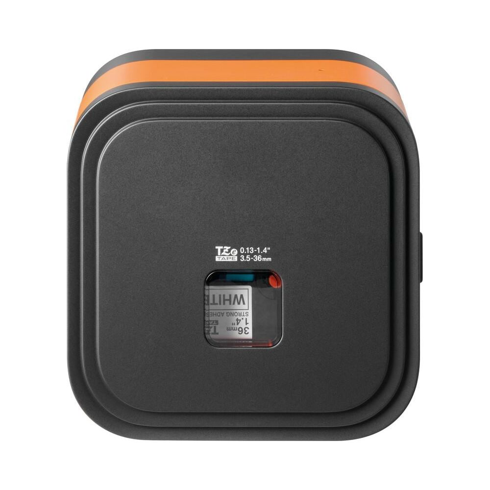 Czarna drukarka etykiet z pomarańczowym wykończeniem i białą taśmą.