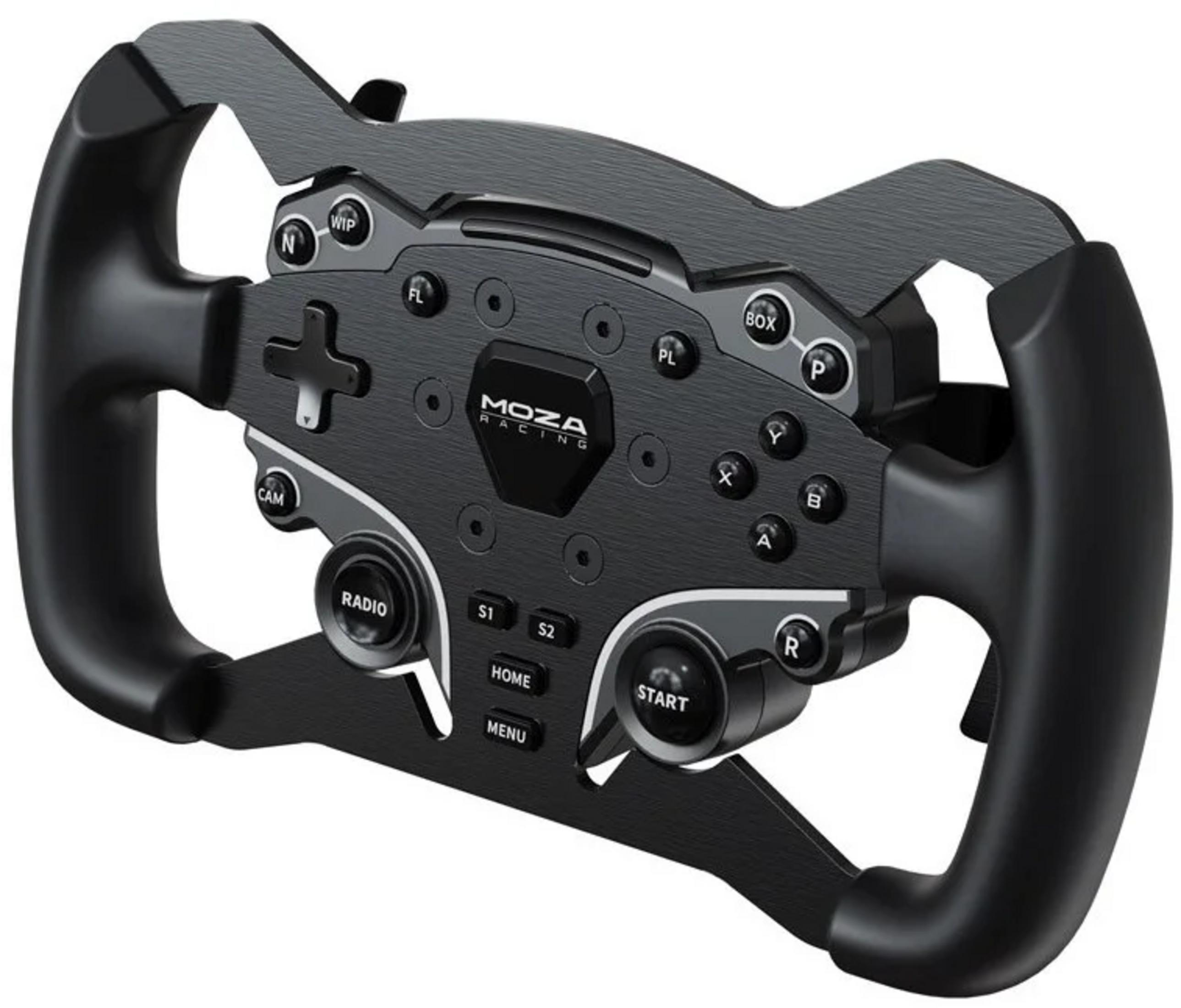 Un volant de course noir avec de nombreux boutons et un logo MOZA Racing.