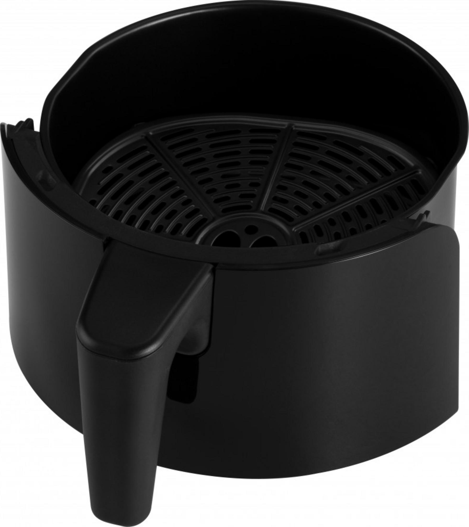Cestello nero per friggitrice ad aria con manico e inserto forato.