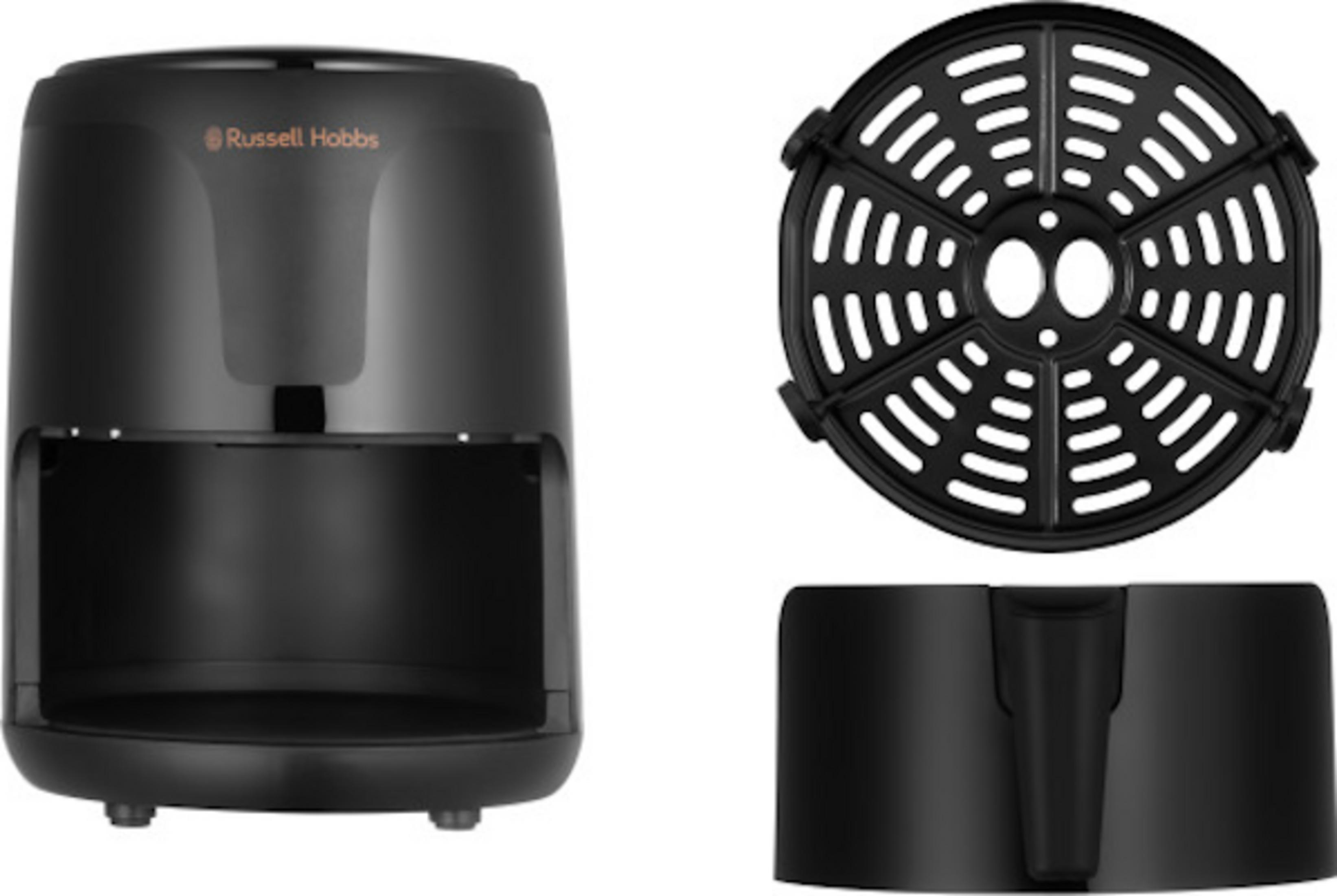 Una friggitrice ad aria Russell Hobbs nera con accessori su sfondo bianco.
