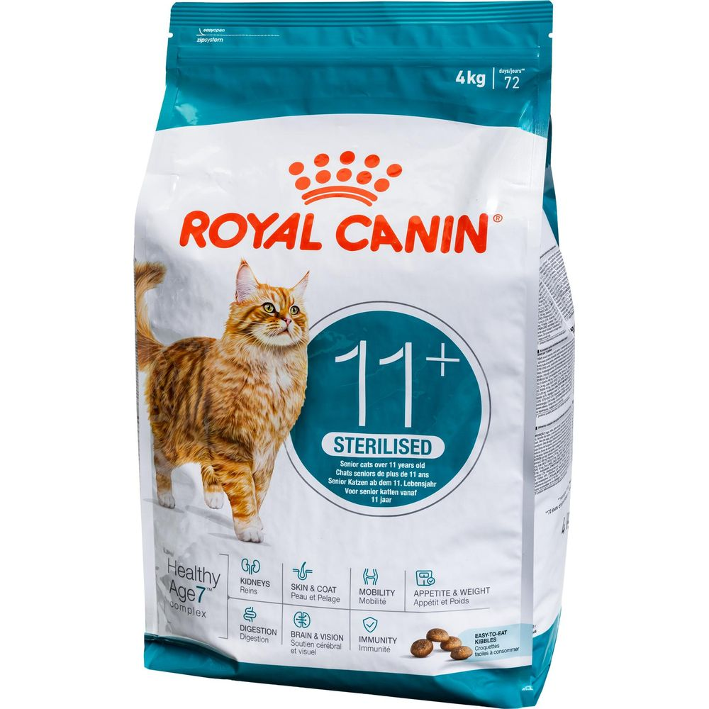 Karma dla kotów Royal Canin 11+ Sterilised, worek 4kg, z pomarańczowym kotem.
