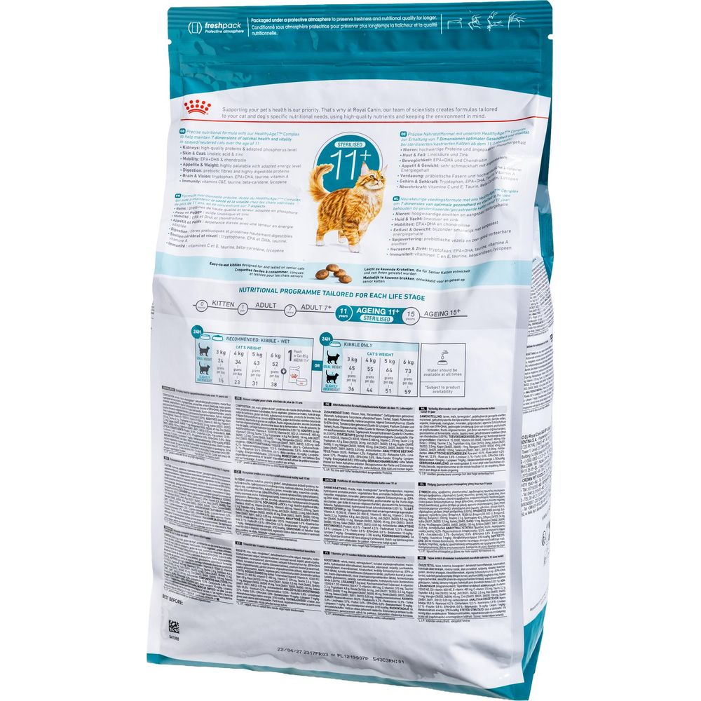 Tył opakowania karmy dla kota pokazujący plany żywieniowe dla różnych grup wiekowych.