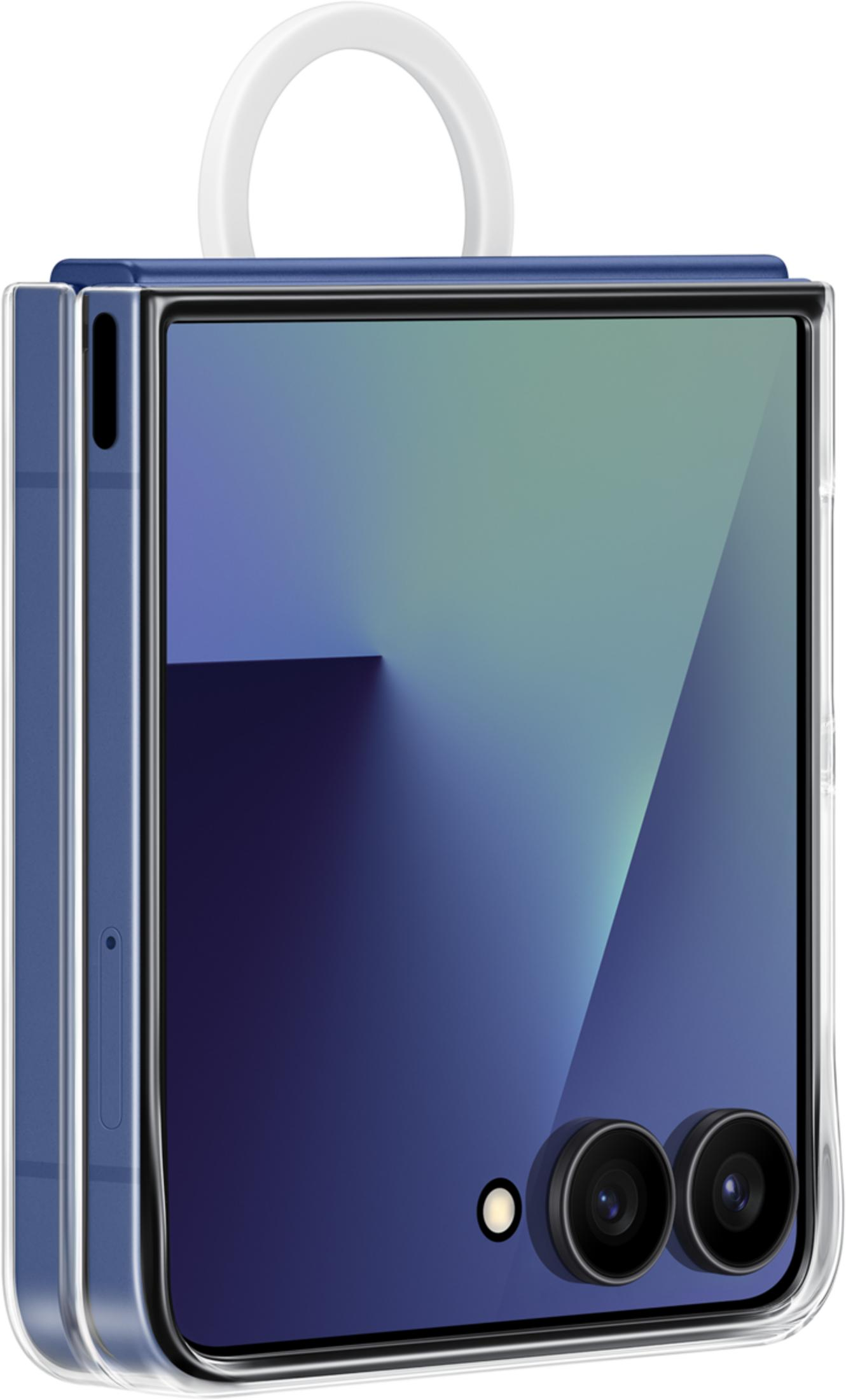 Niebieski telefon składany w przezroczystym etui z białym uchwytem pierścieniowym.