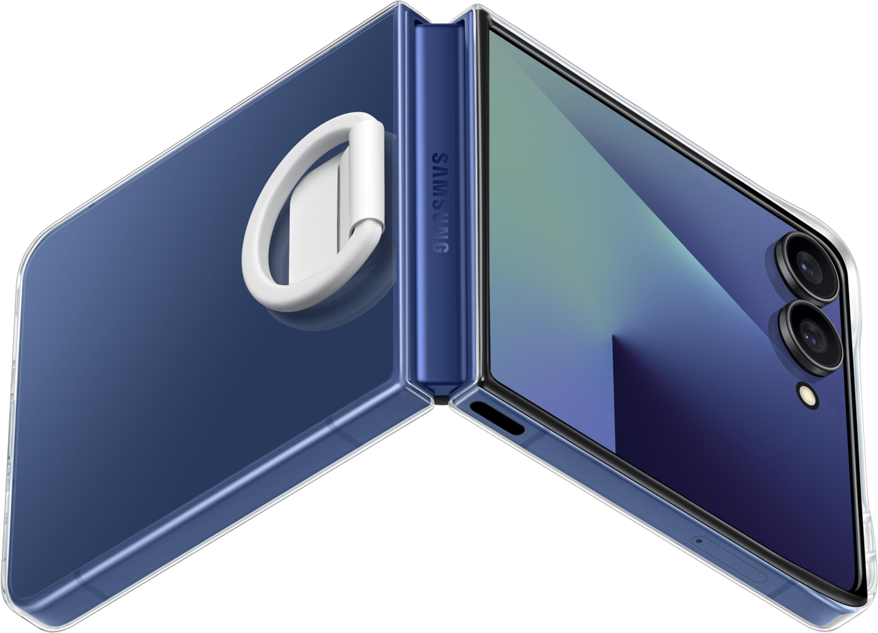Niebieski telefon Samsung typu flip z uchwytem na pierścień, częściowo otwarty.