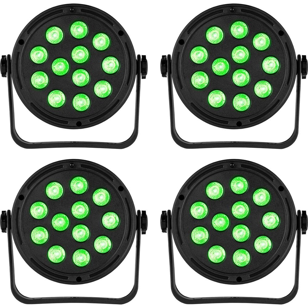 Cuatro luces negras, cada una con 12 LED verdes, sobre fondo blanco.