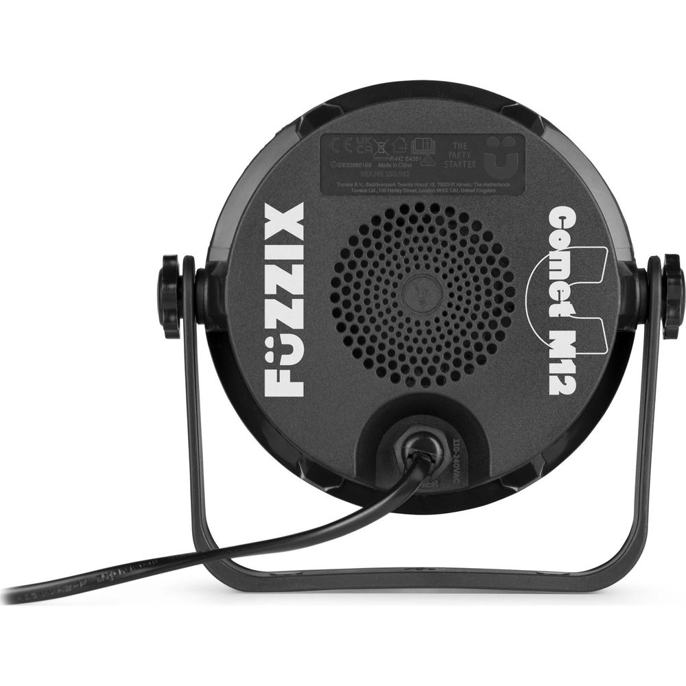 Parte trasera de un iniciador de fiesta Fuzzix Comet M12 negro con cable.