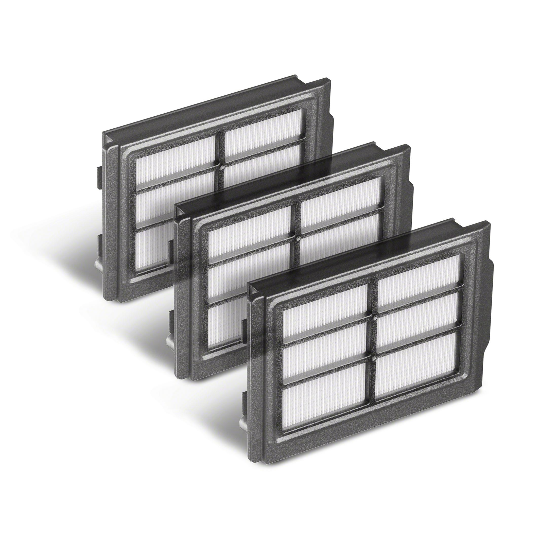 Tres filtros rectangulares de aspiradora con marcos negros y lados plisados blancos.