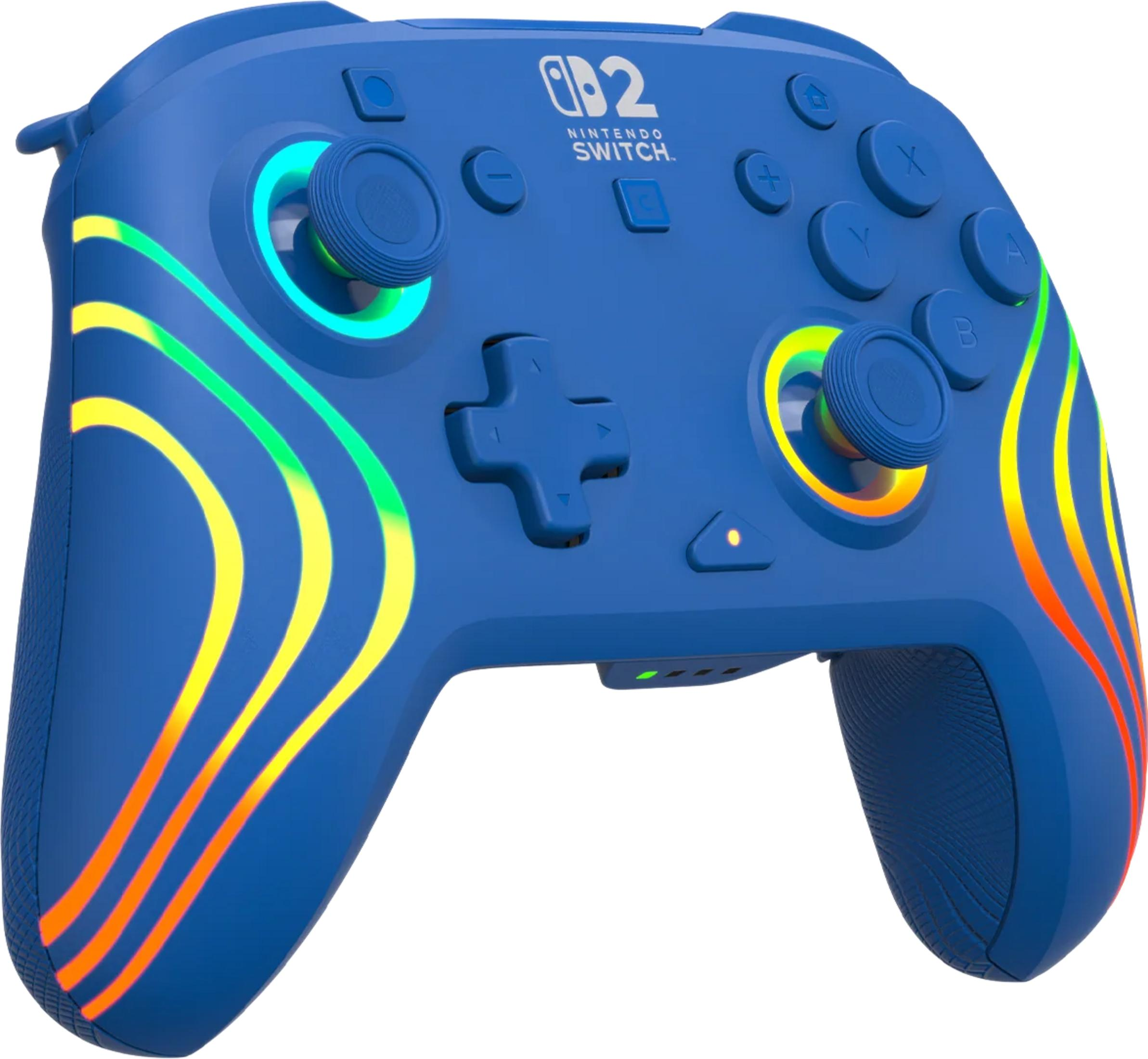 Blauer Nintendo Switch Controller mit bunten Leuchtstreifen und beleuchteten Joysticks.