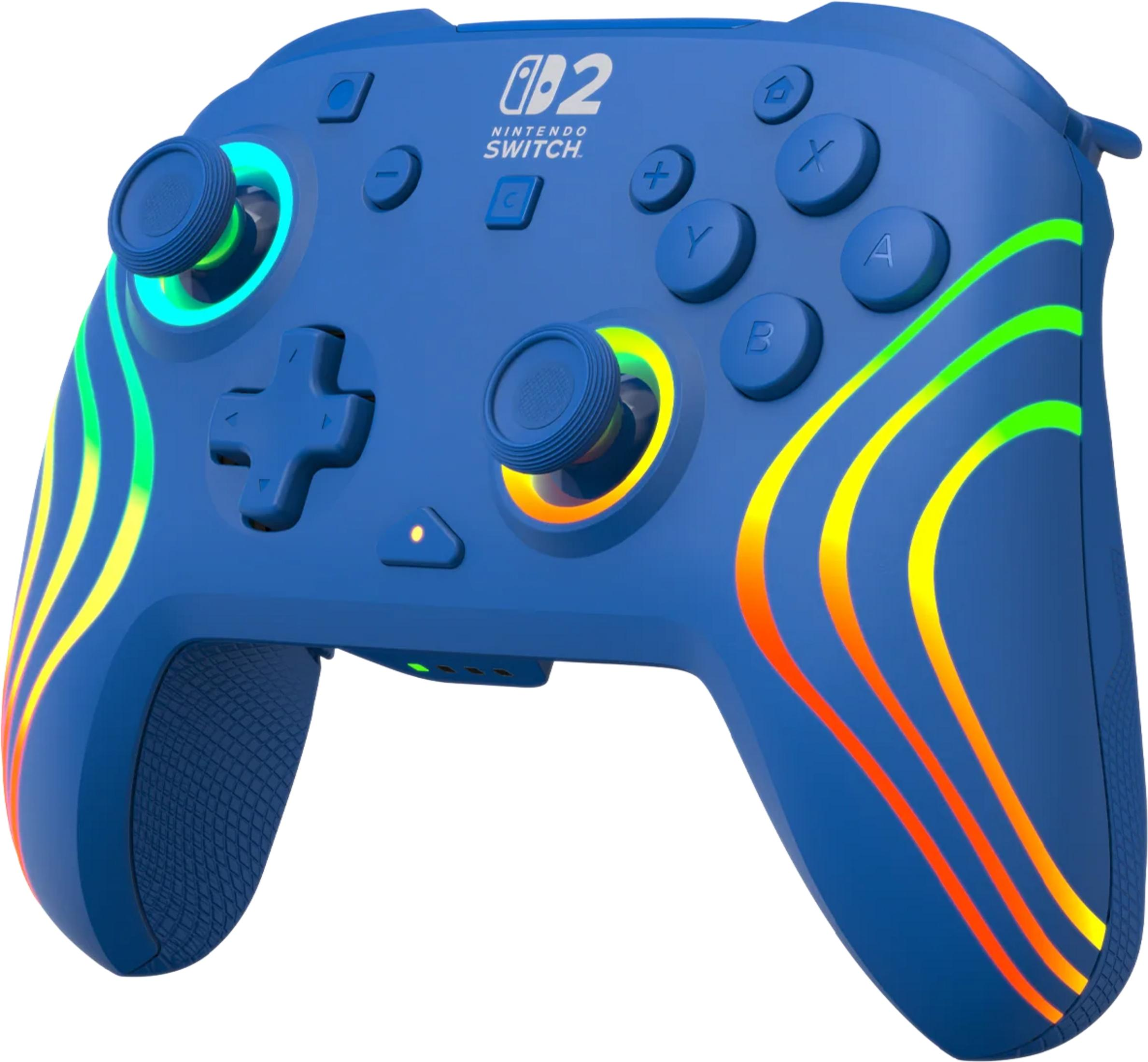 Ein blauer Nintendo Switch Controller mit leuchtenden Streifen.