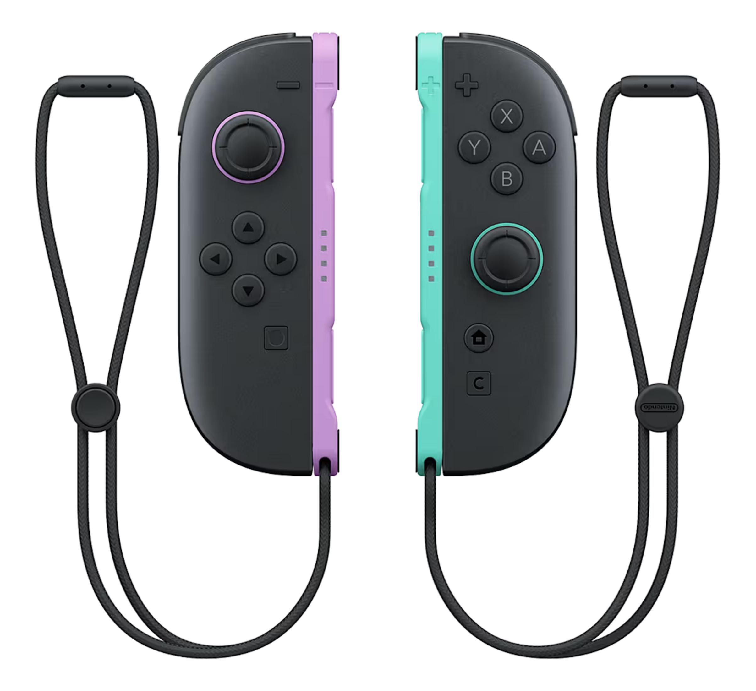 Dwa kontrolery Nintendo Joy-Con, fioletowy i turkusowy, z czarnymi paskami na nadgarstek.