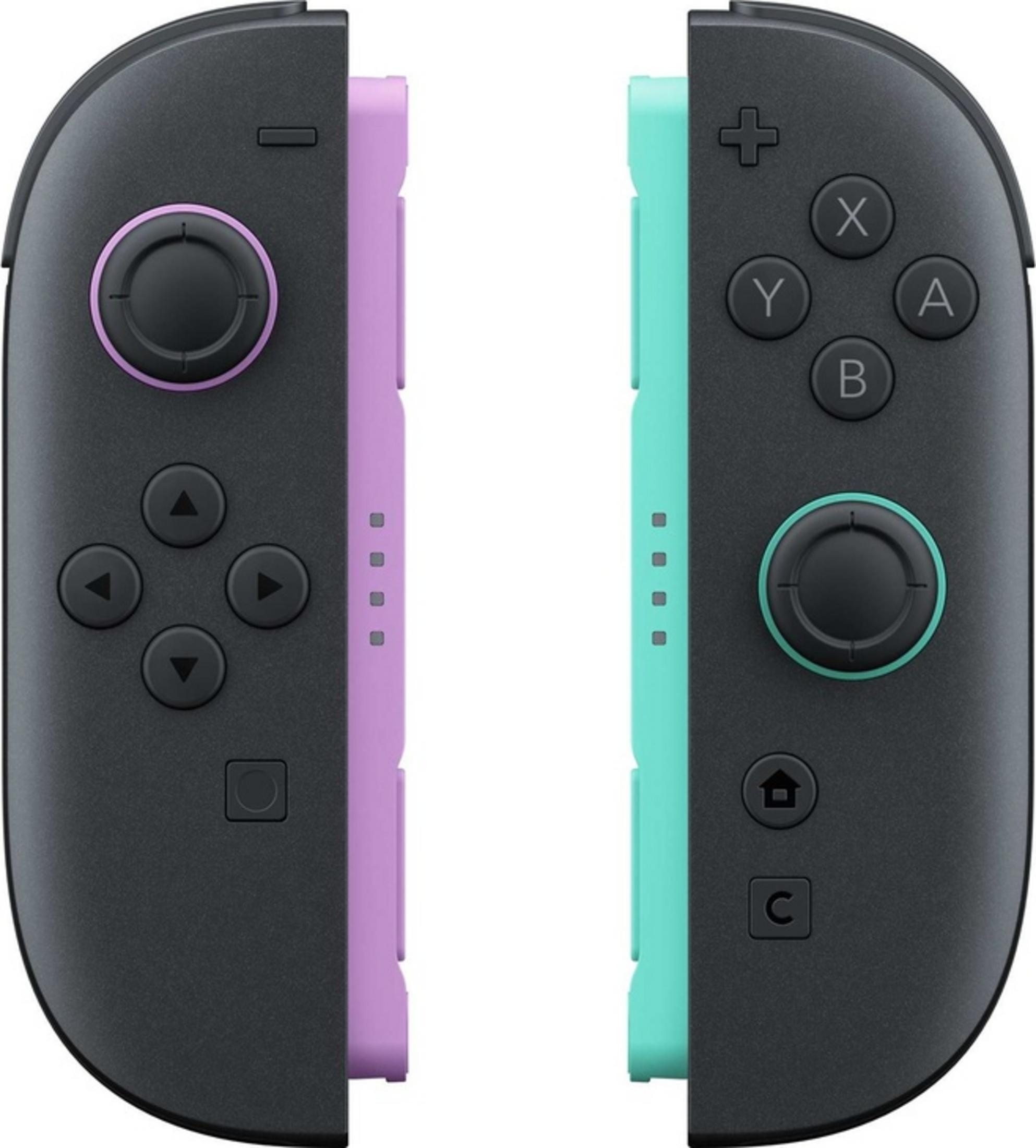 Dwa kontrolery Nintendo Switch Joy-Con: lewy fioletowy, prawy turkusowy.