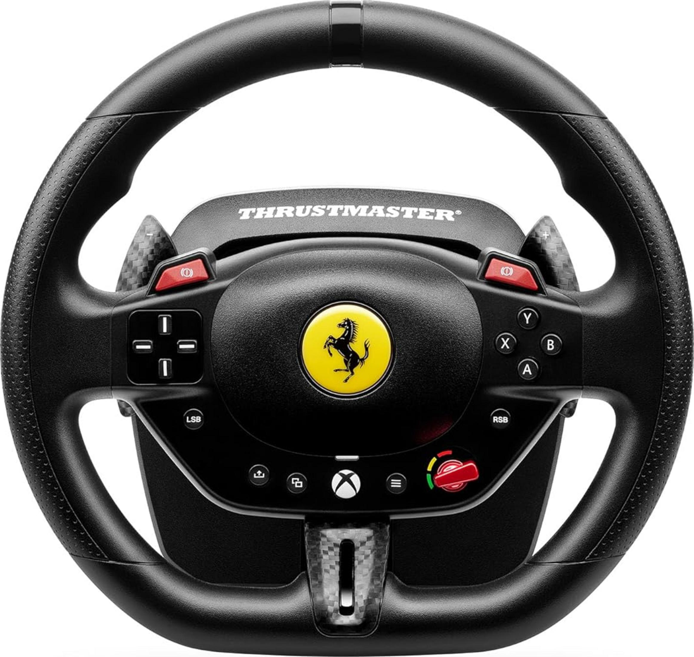 Volante de carreras negro con logo de Ferrari, botones y levas.
