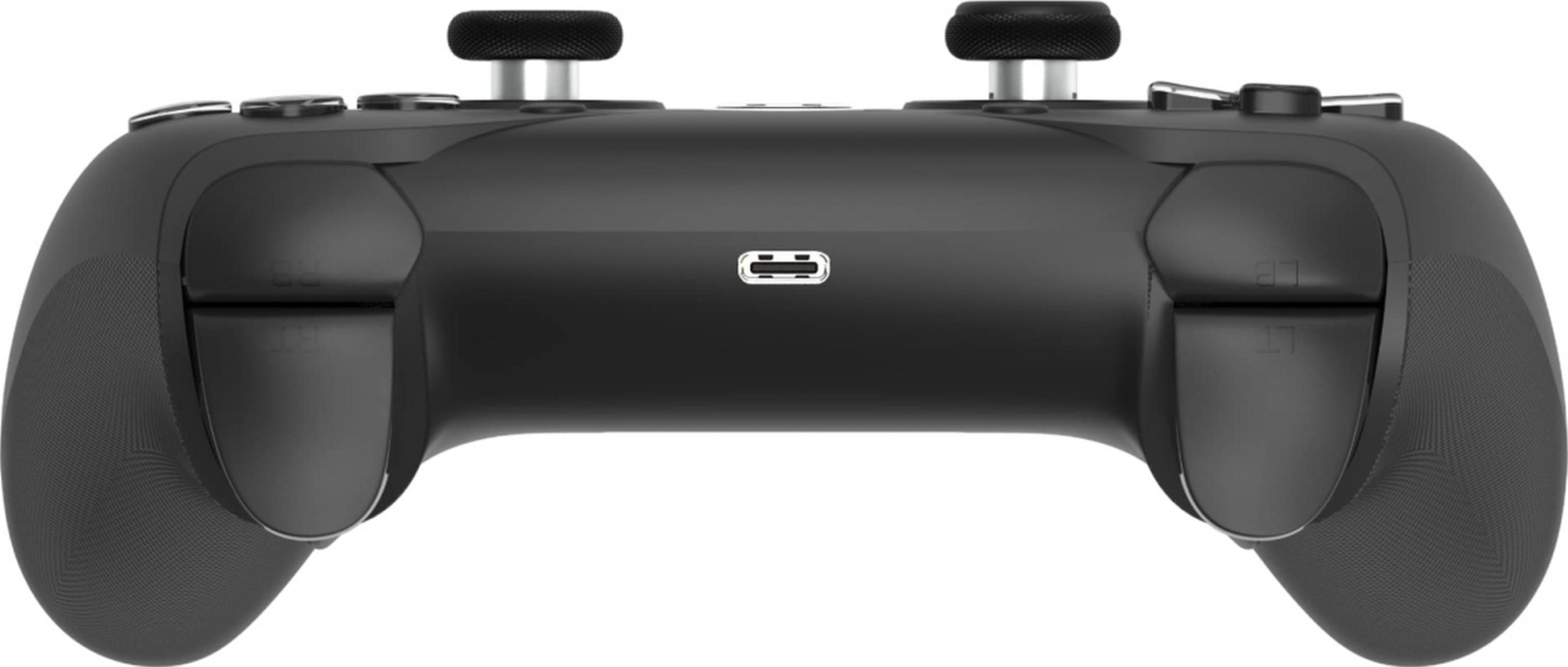 Black game controller with two joysticks and a USB-C port.