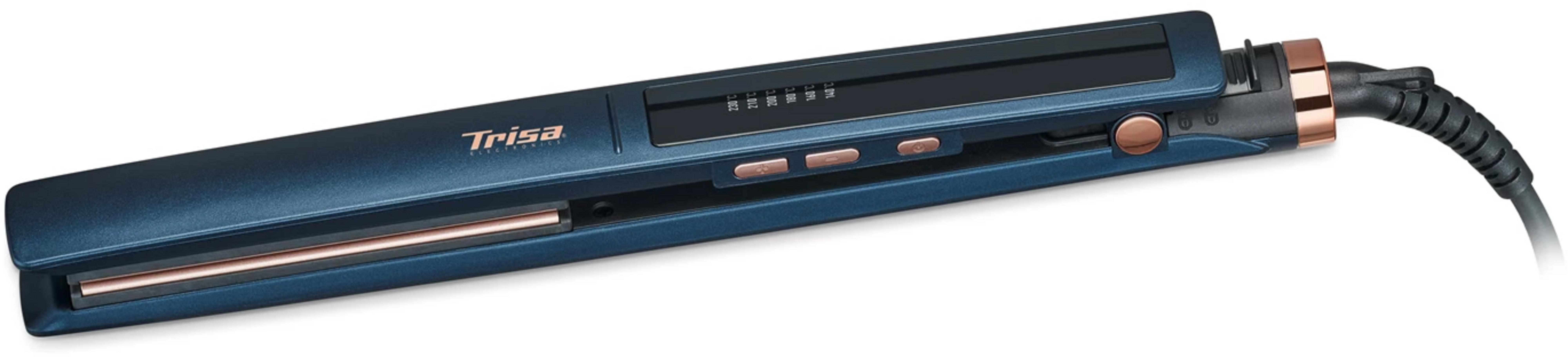 Piastra per capelli blu scuro con accenti color rame e display digitale.