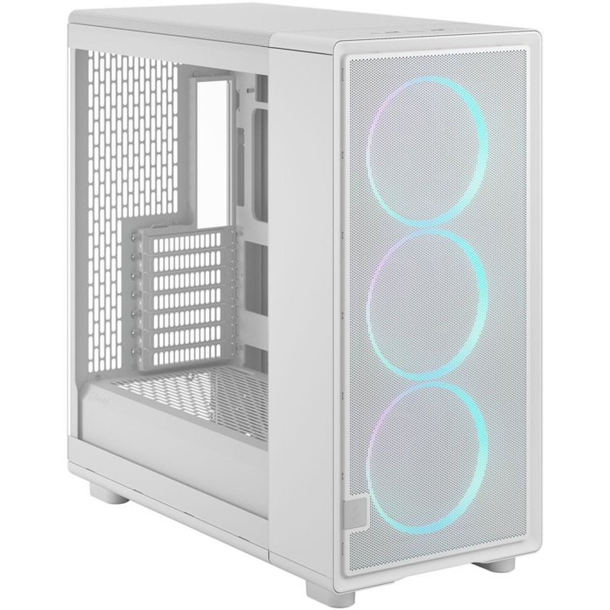 Biała obudowa komputera z szklanym panelem bocznym i przednimi wentylatorami RGB.