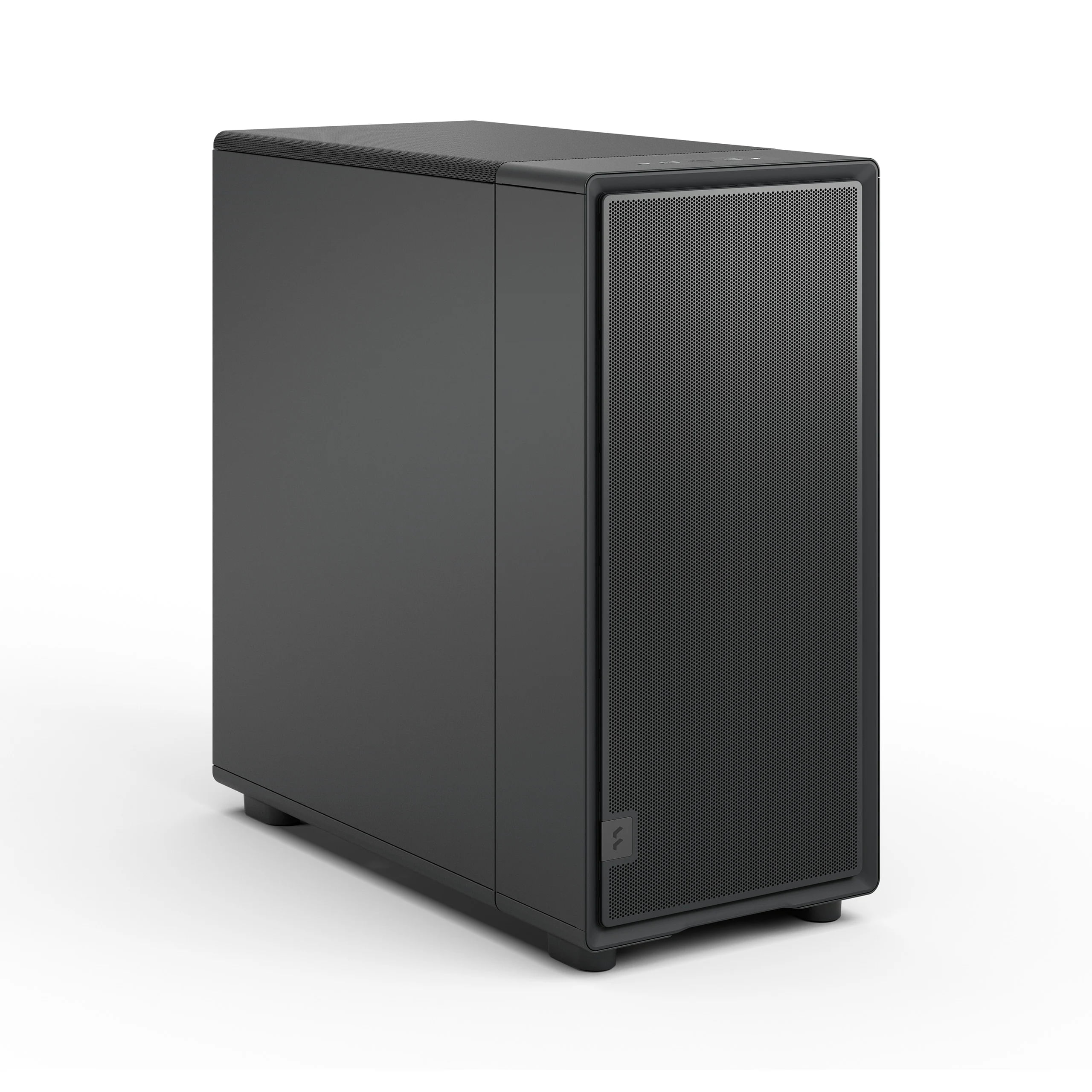 Un case per computer nero con pannello frontale forato e piedini.