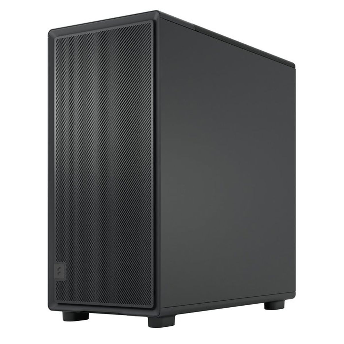Un case per computer nero poggia su quattro piedini. Il pannello frontale è perforato.