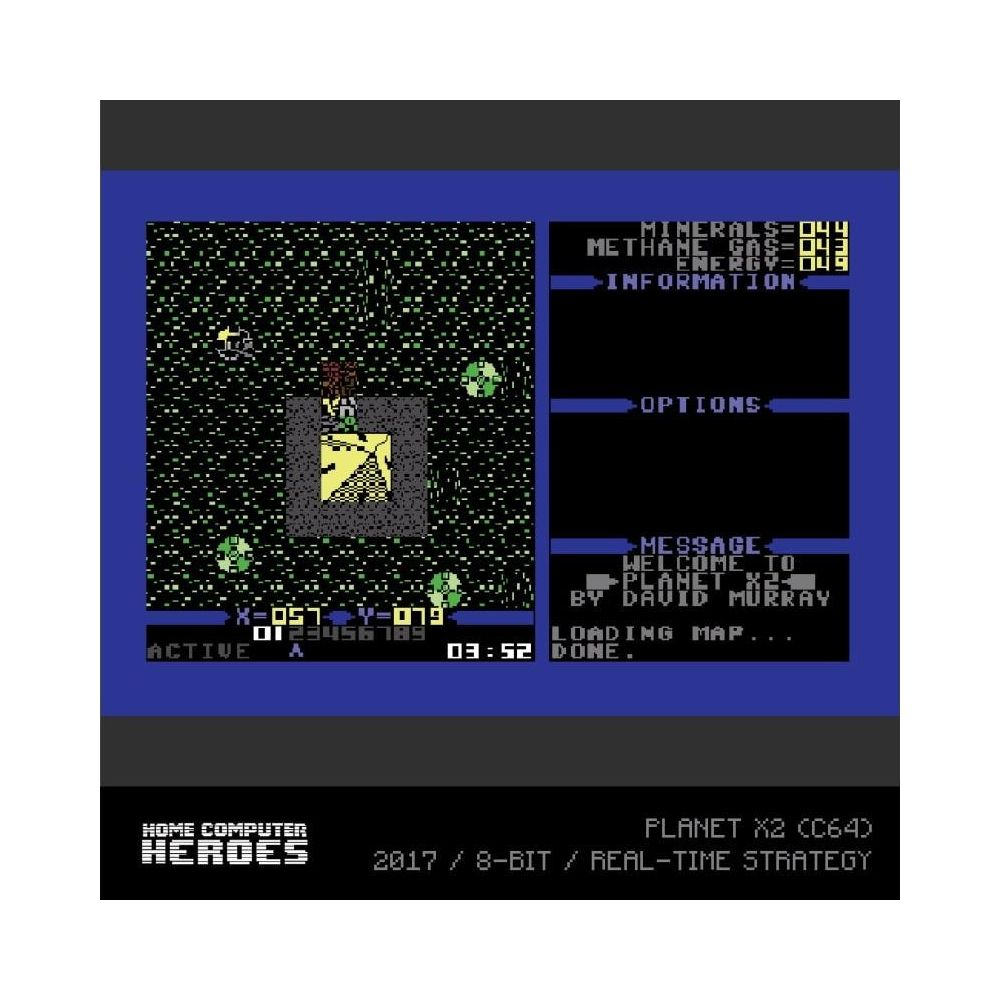 Retro-Computerspiel-Bildschirm mit Kartenansicht, Statistiken und Nachrichten.