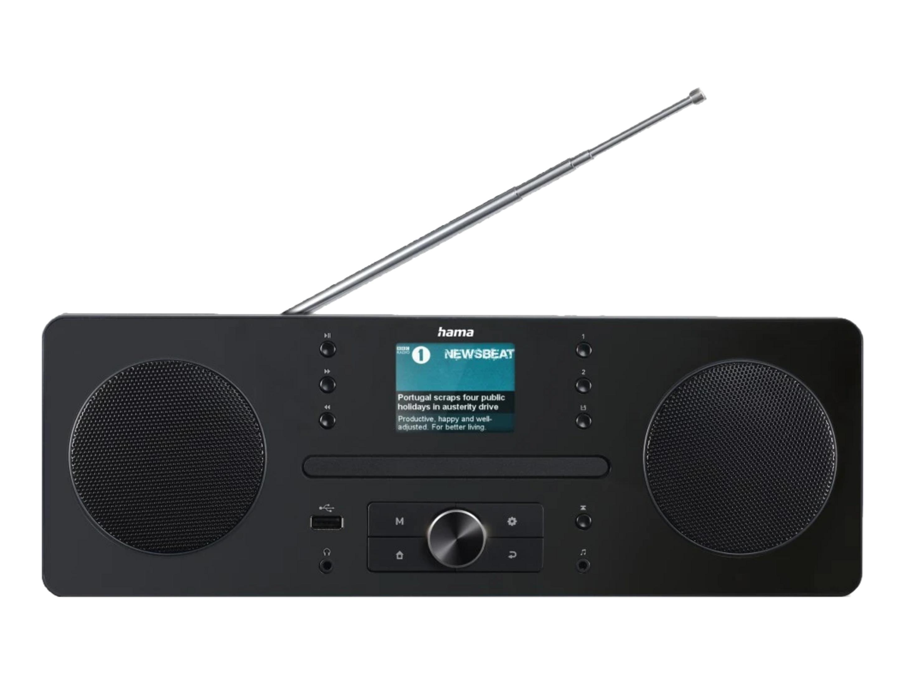 Czarno radio z dwoma głośnikami, anteną i ekranem wyświetlającym wiadomości.