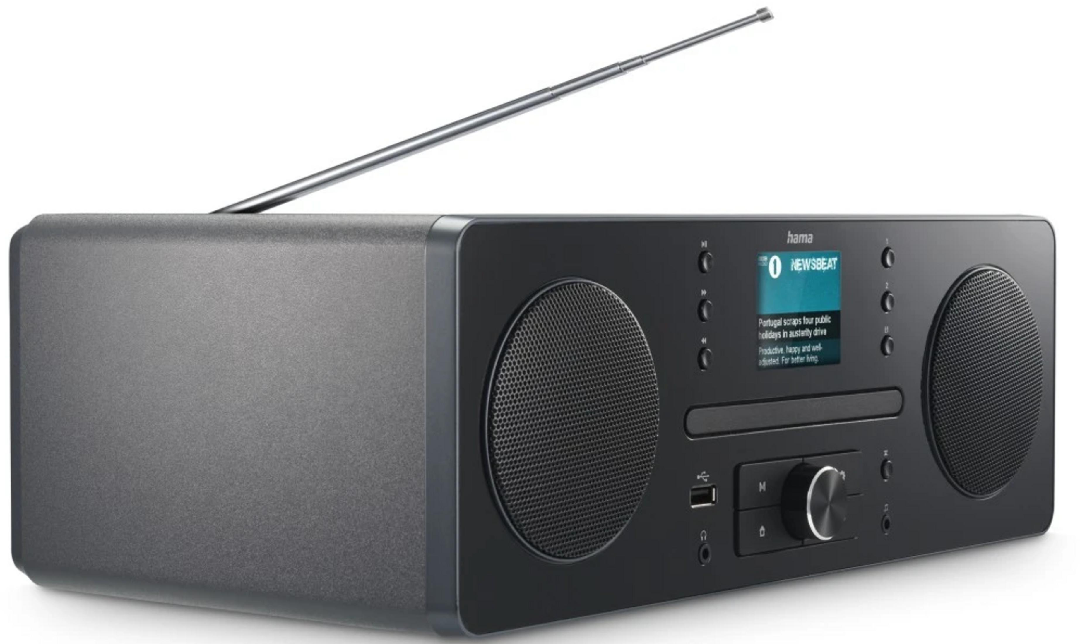 Czarny radioodbiornik Hama z wysuniętą anteną, wyświetlający tekst na ekranie.