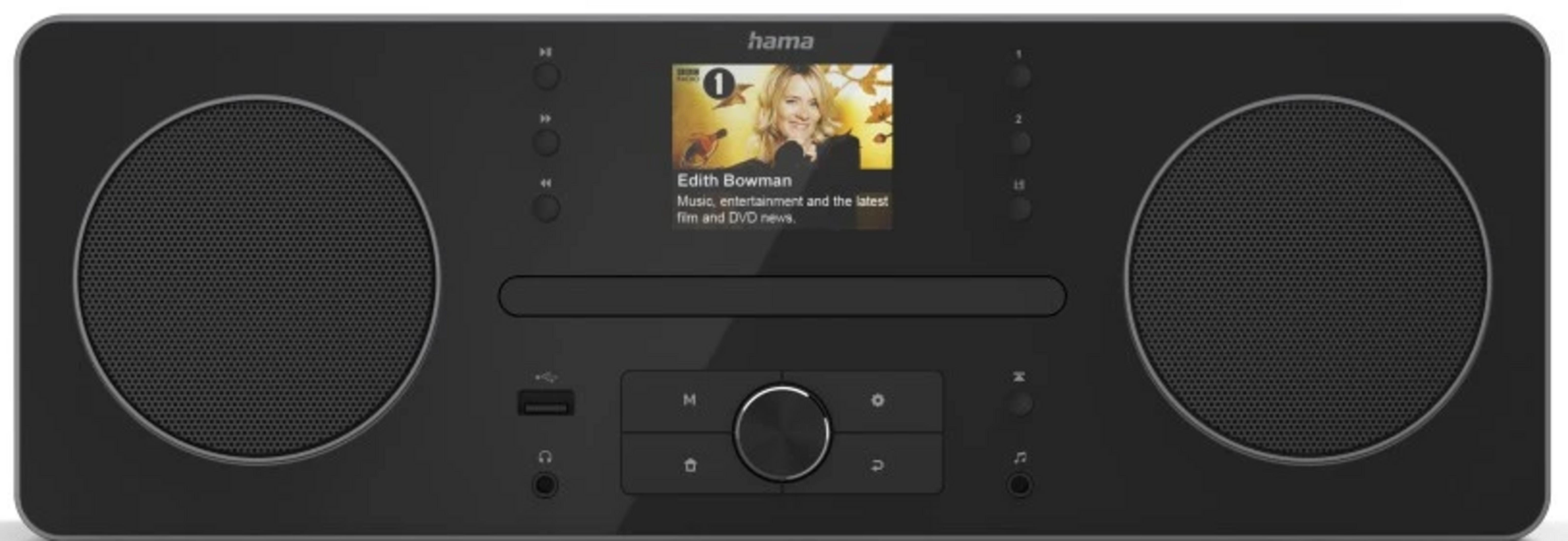 Czarno-białe radio Hama z dwoma głośnikami, ekranem i przyciskami sterującymi.