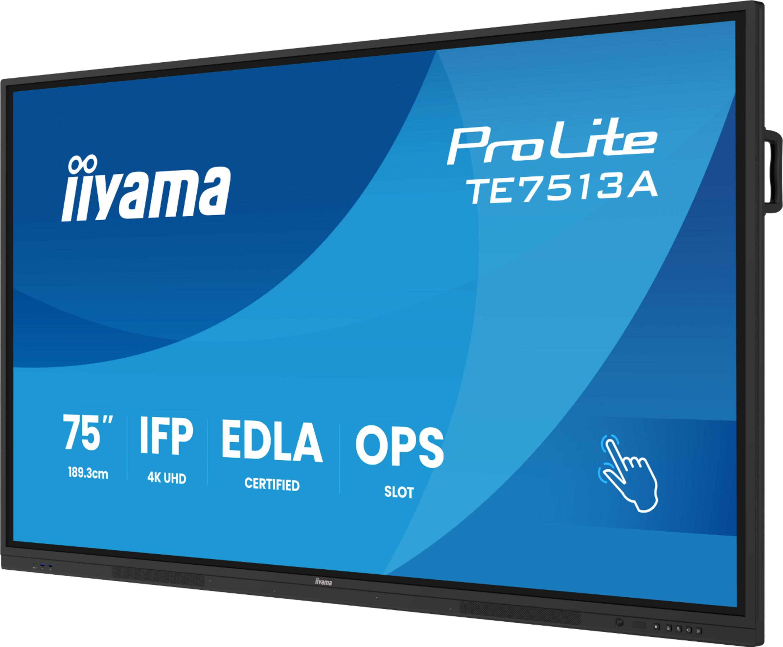 Duży czarny ekran interaktywny z logo Iiyama i tekstem ProLite TE7513A.