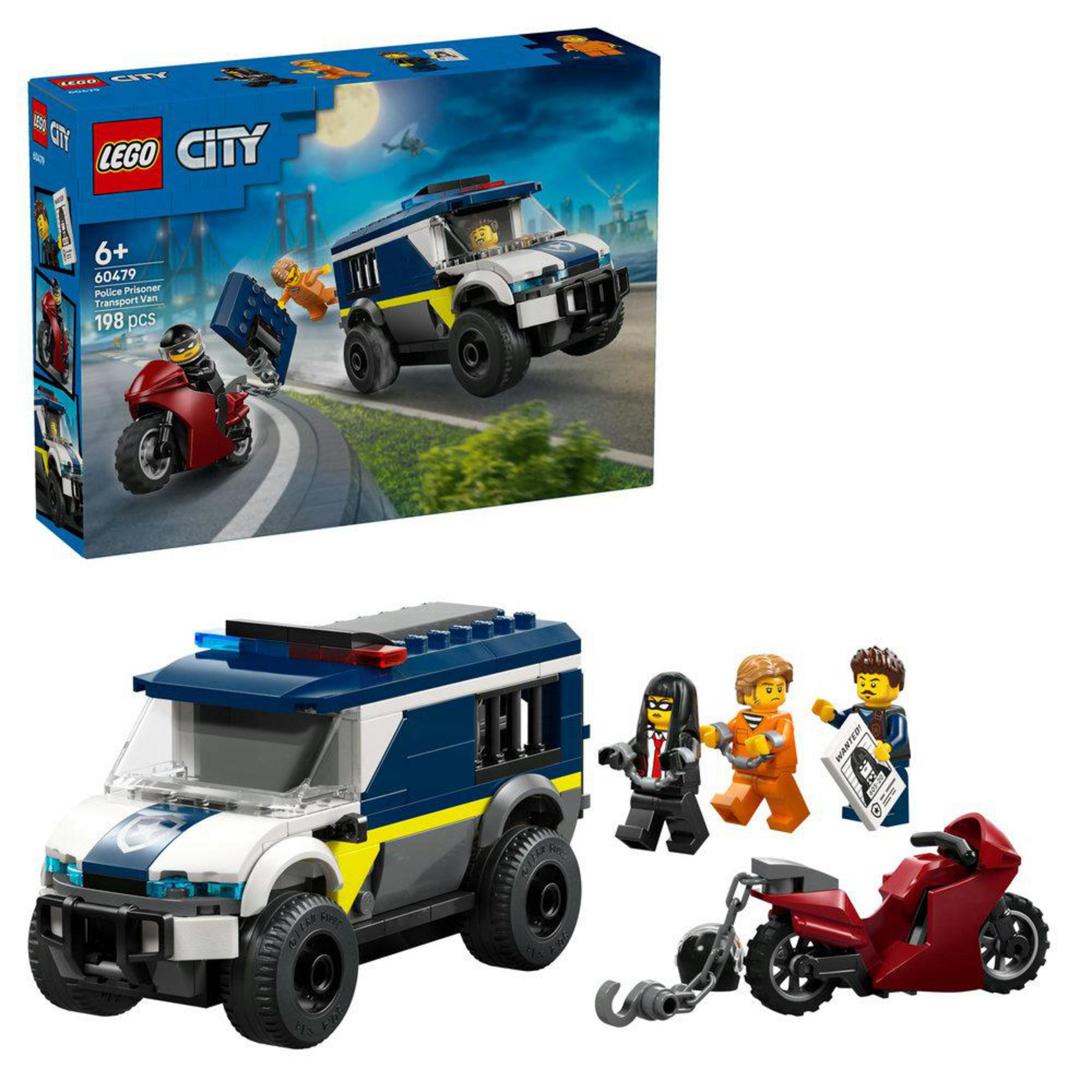 Furgonetka policyjna LEGO z figurkami i motocyklem.