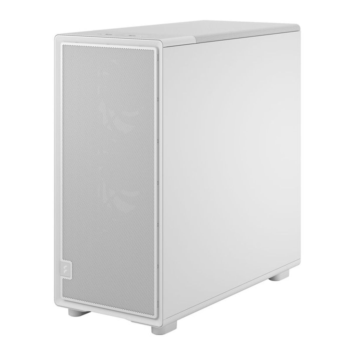 Ein weißes Computergehäuse mit einem perforierten Frontpanel und vier Füßen.