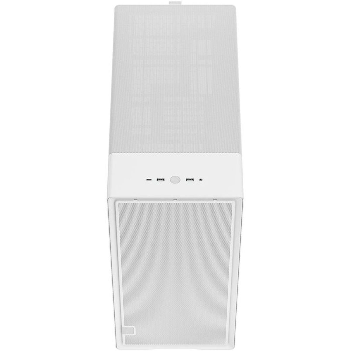 Ein weißes Computergehäuse mit Lüftungsgitter oben und vorne.