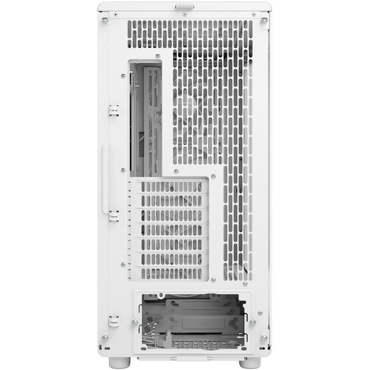 Rückseite eines weißen Computergehäuses mit Lüftungsschlitzen und Anschlüssen.